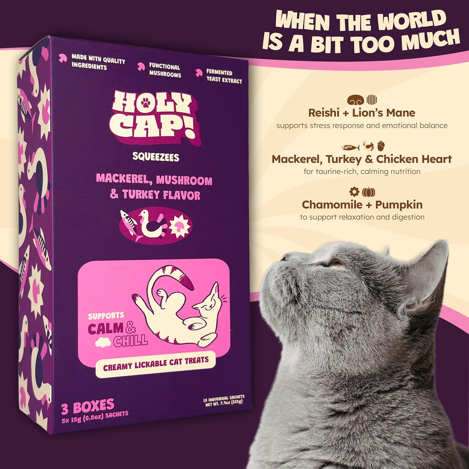 Calm & Chill Grain-Free Lickable Cat Treats, 15 Squeezable Purée Tubes (0.5 oz Each), Mackerel & Turkey Flavor, Creamy Cat Purée with Clean Ingredients, Hand-Fed Treat or Meal Topper