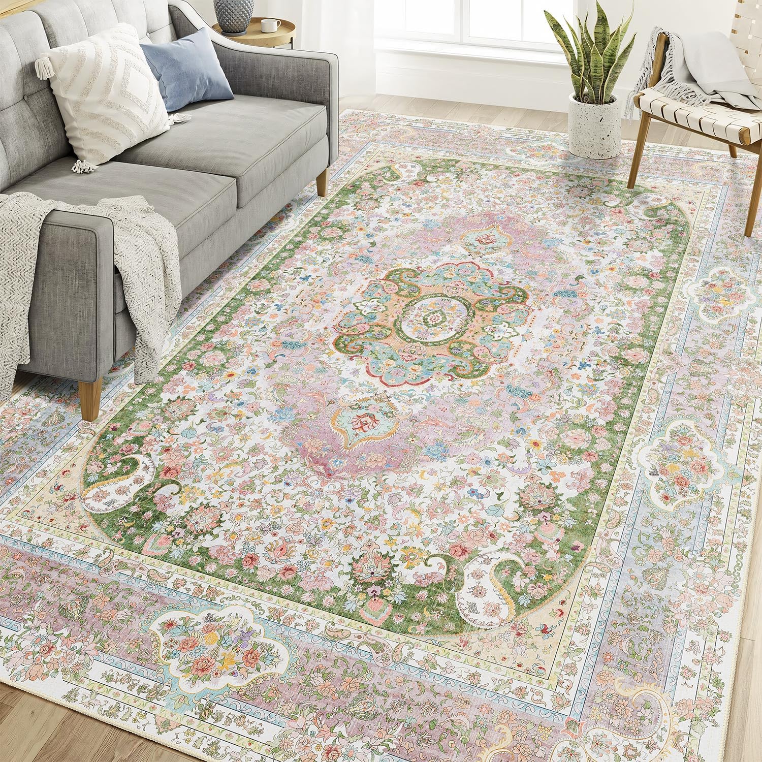 Casrage 6x9 Area Rugs Washable,Pink Rug for Living Room Bedroom Kitchen,Large Boho Vintage Bohemian Distressed Carpet Non Slip,Blush Green