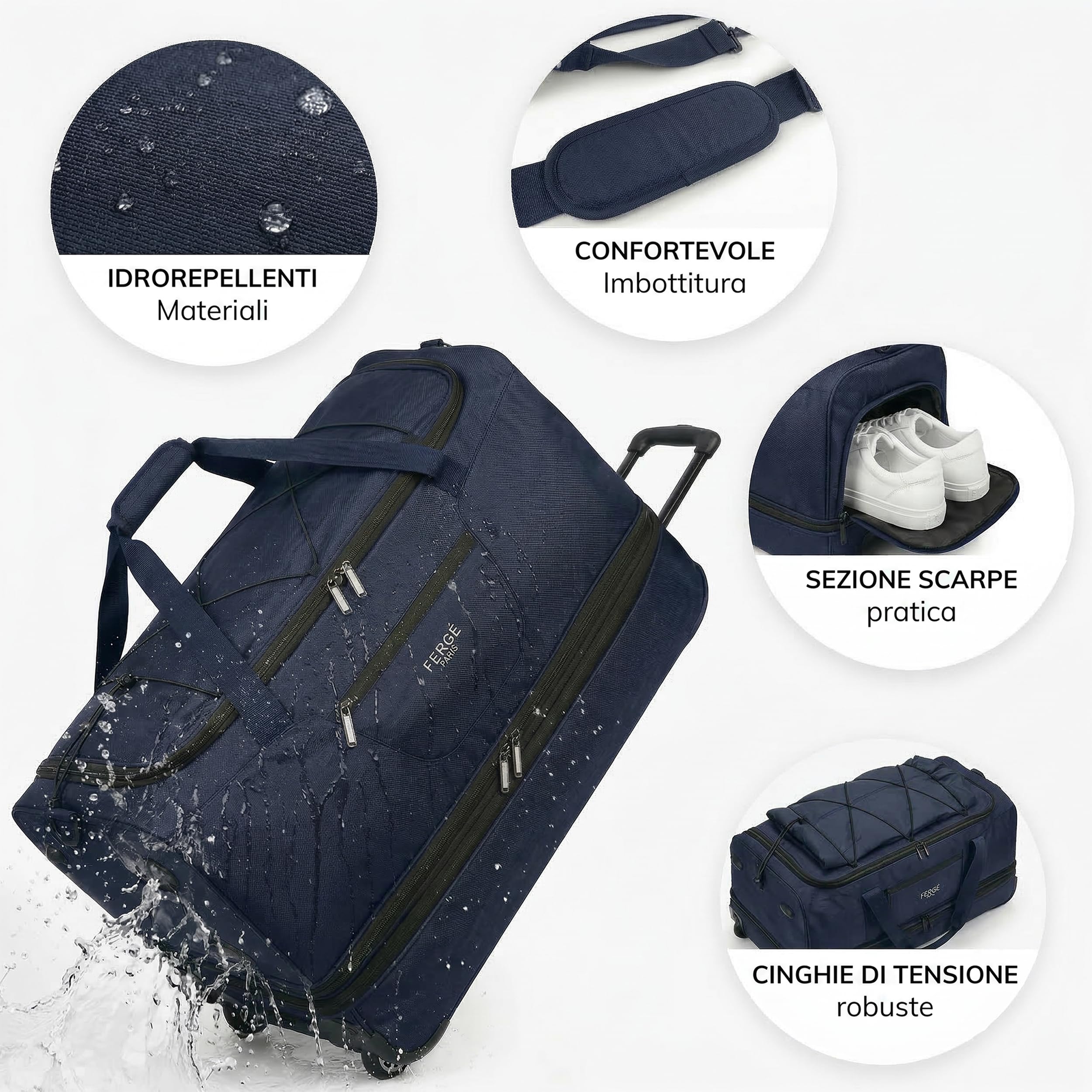 FERGÉ XL borsa da viaggio capiente con rotelle, espandibile e scomparto per scarpe - Trolley con cinghie di fissaggio, borsa da viaggio morbida, Weekender PARIS