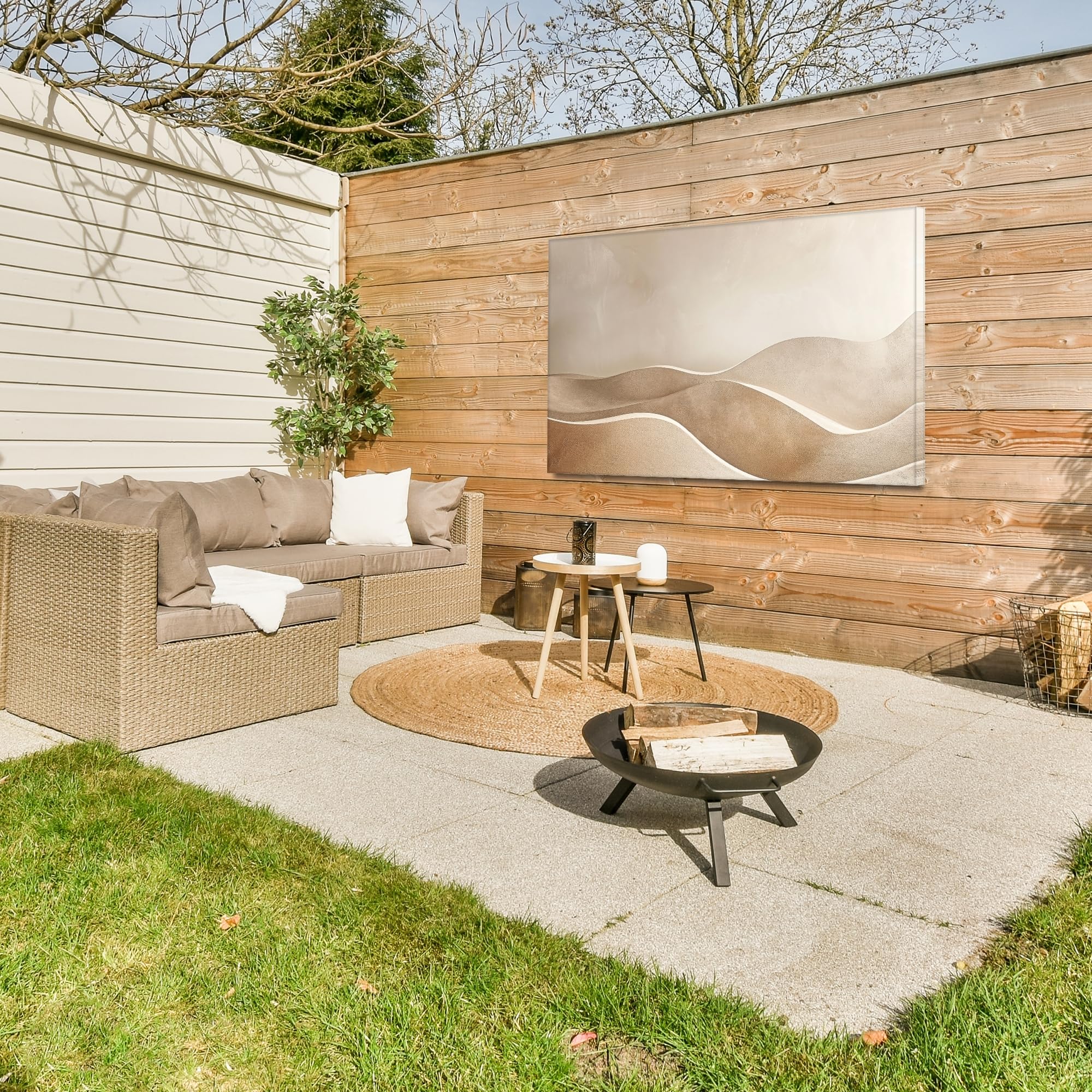 Gartenbild 120x80 cm Outdoor Deko Garten Leinwand Modern Wandbild Wetterfest Kunstdruck Terrasse Geschenke Draußen Beige - Hügel - Muster