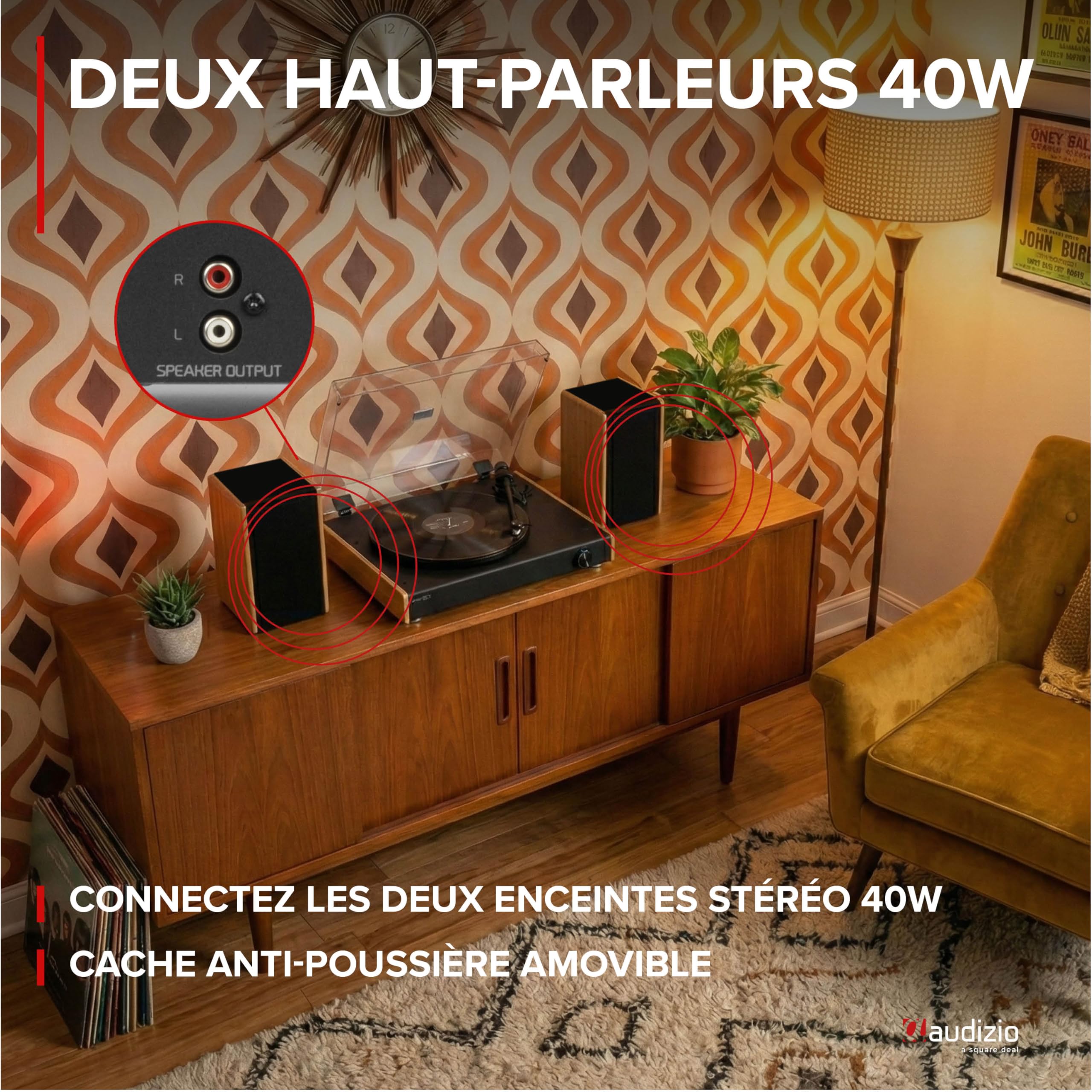 Audizio RP335 Platine Vinyle Bambou BT avec Enceintes 2x40W, Design Élégant, Lecture USB, 3 Vitesses, Fonction Enregistreur, Idéal pour Les Audiophiles et Collectionneurs de Vinyles