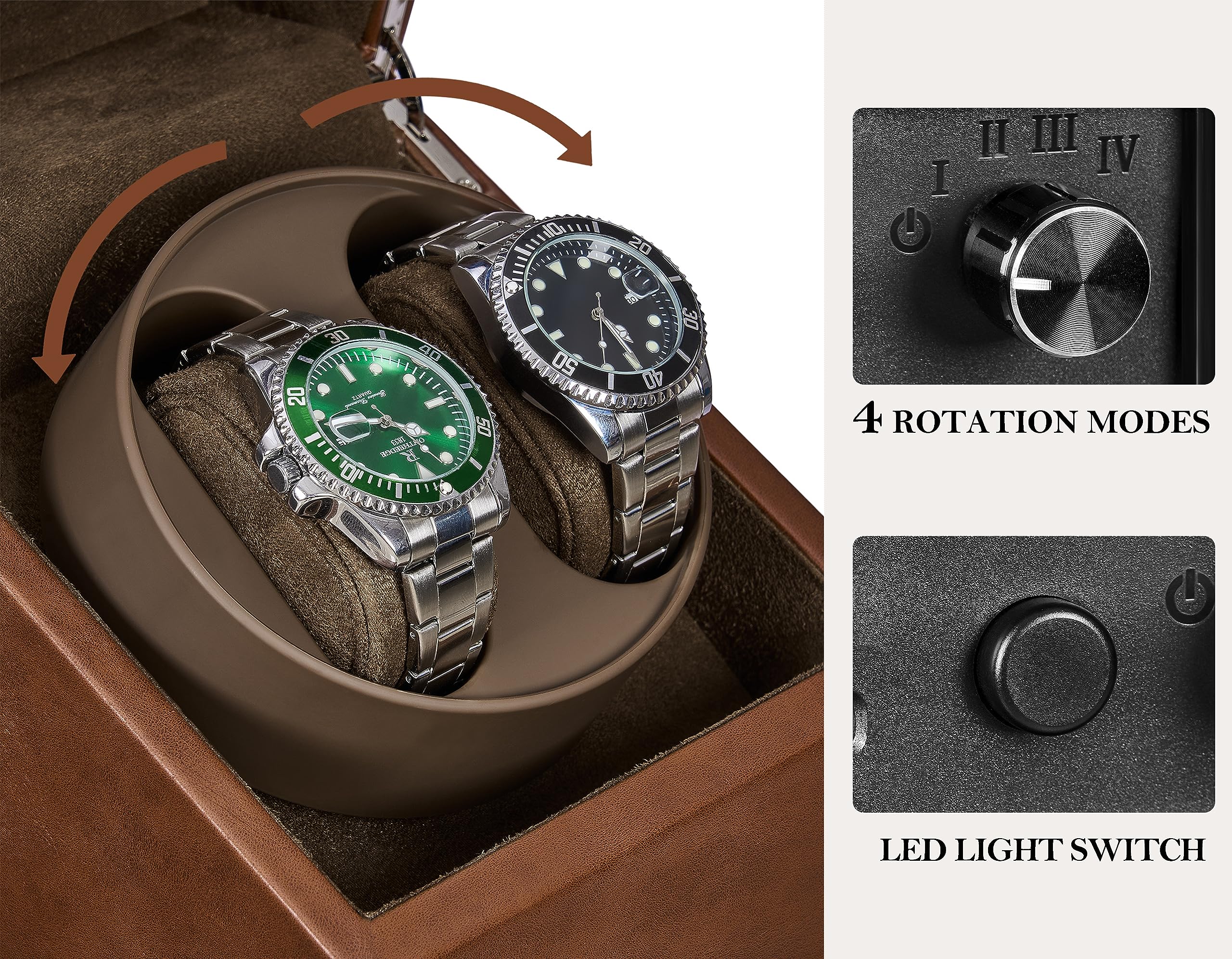 ANWBROAD Updated Double Watch Winder for Automatic Watches Watch Rotator with Super Quiet Motor Flexible Watch Pillows LED Backlight Watch Turner Watch Shaker 5 Modes Battery or USB UJWW001T
