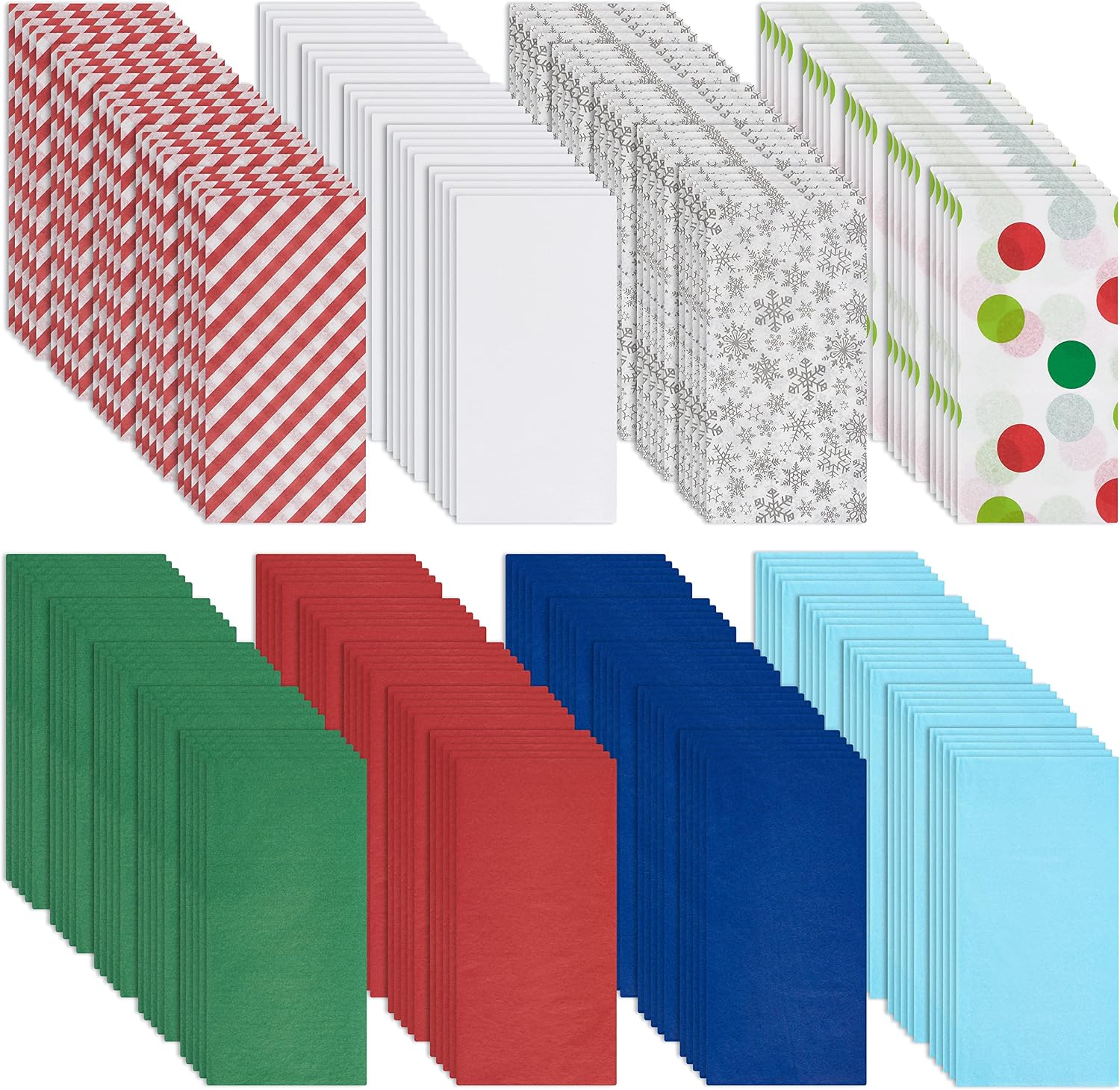 American Greetings Bulk Christmas Tissue Paper, 200 Sheets (Candy Cane Stripes, Polka Dots, Holiday Colors, 20" x 20") for All Occasions, Hanukkah, Gift Bags, Crafts, Paper Flowers, Pom Poms, and More