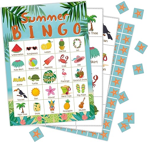 Zodvery Tarjetas de bingo hawaianas, actividades tropicales de verano, juego de bingo para familia, fiesta de cumpleaños de adultos, fiesta de