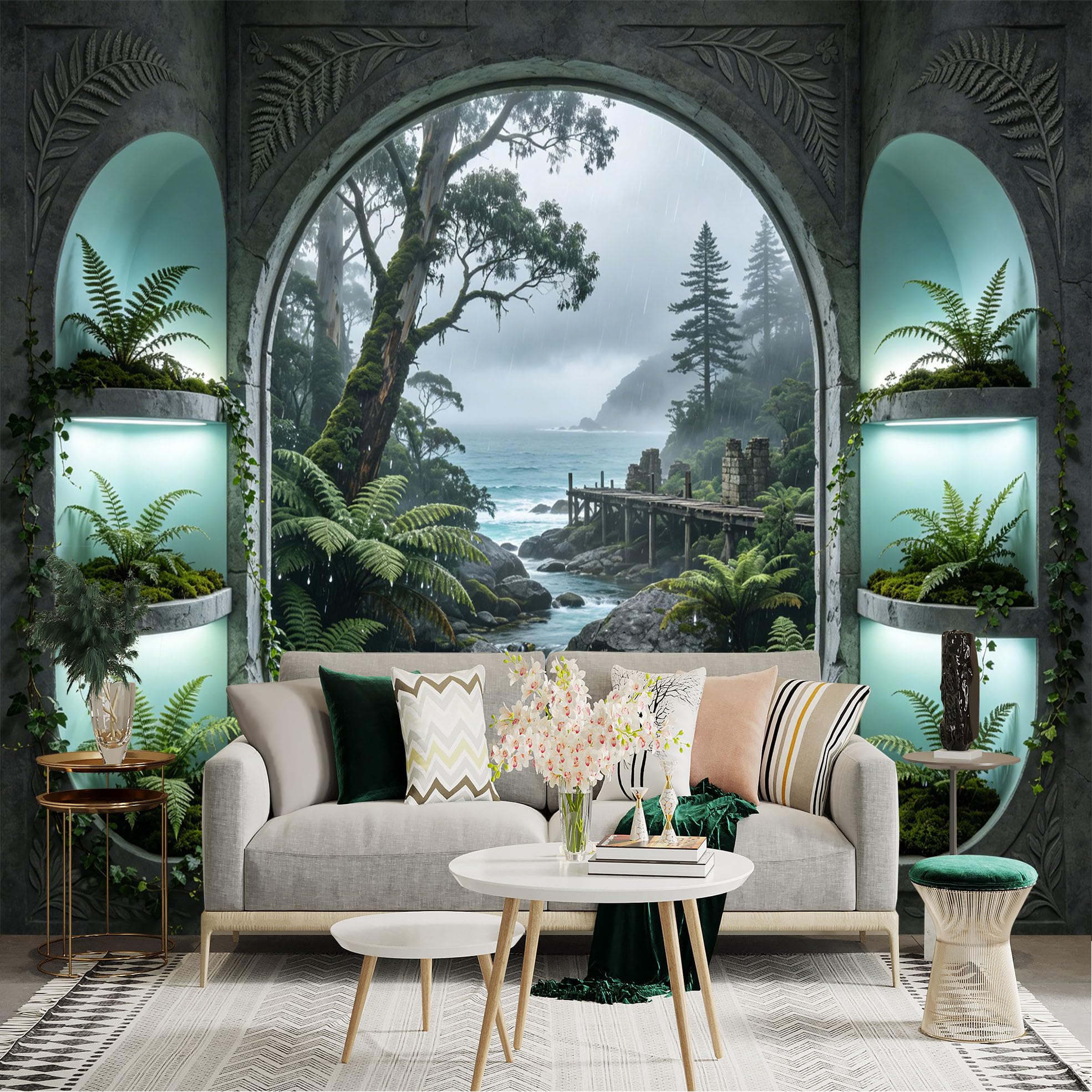 Custom Size Wall Sticker Mural， Tropical Rainforest with Waterfall Stream and Ocean View Through Stone Arch Window， for wall Decoration， peelandstick wall Decals.