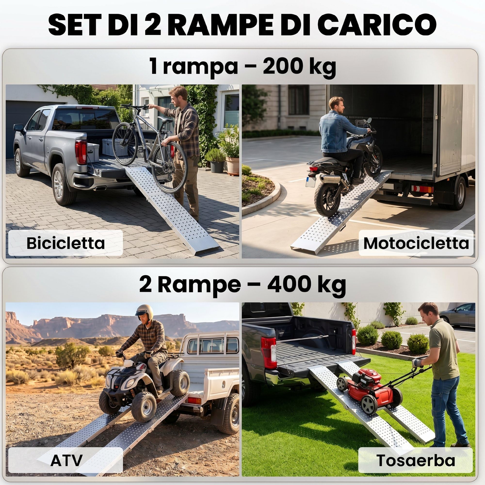 HOMCOM Set 2 Rampe di Carico, Rampe Pieghevoli in Metallo, Portata Totale 400 kg, 180 x 25.5 cm, con Maniglie e Fori Antiscivolo, per Moto, ATV, Rimorchio, Pick-up e Tosaerba, Argento