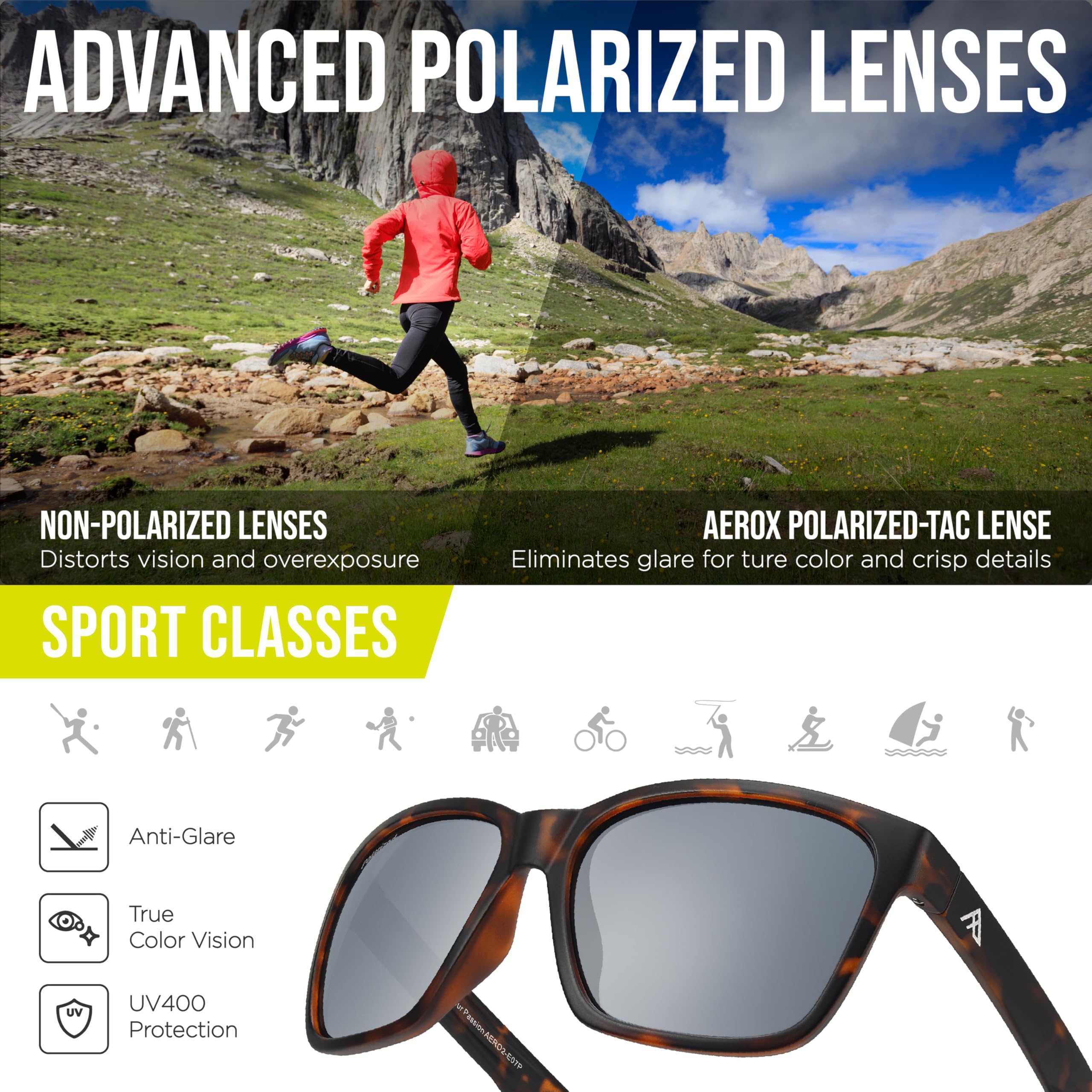 AEROX Gafas de sol polarizadas de ajuste grande para correr, ciclismo, golf y conducción, gafas deportivas con protección UV para hombres y mujeres