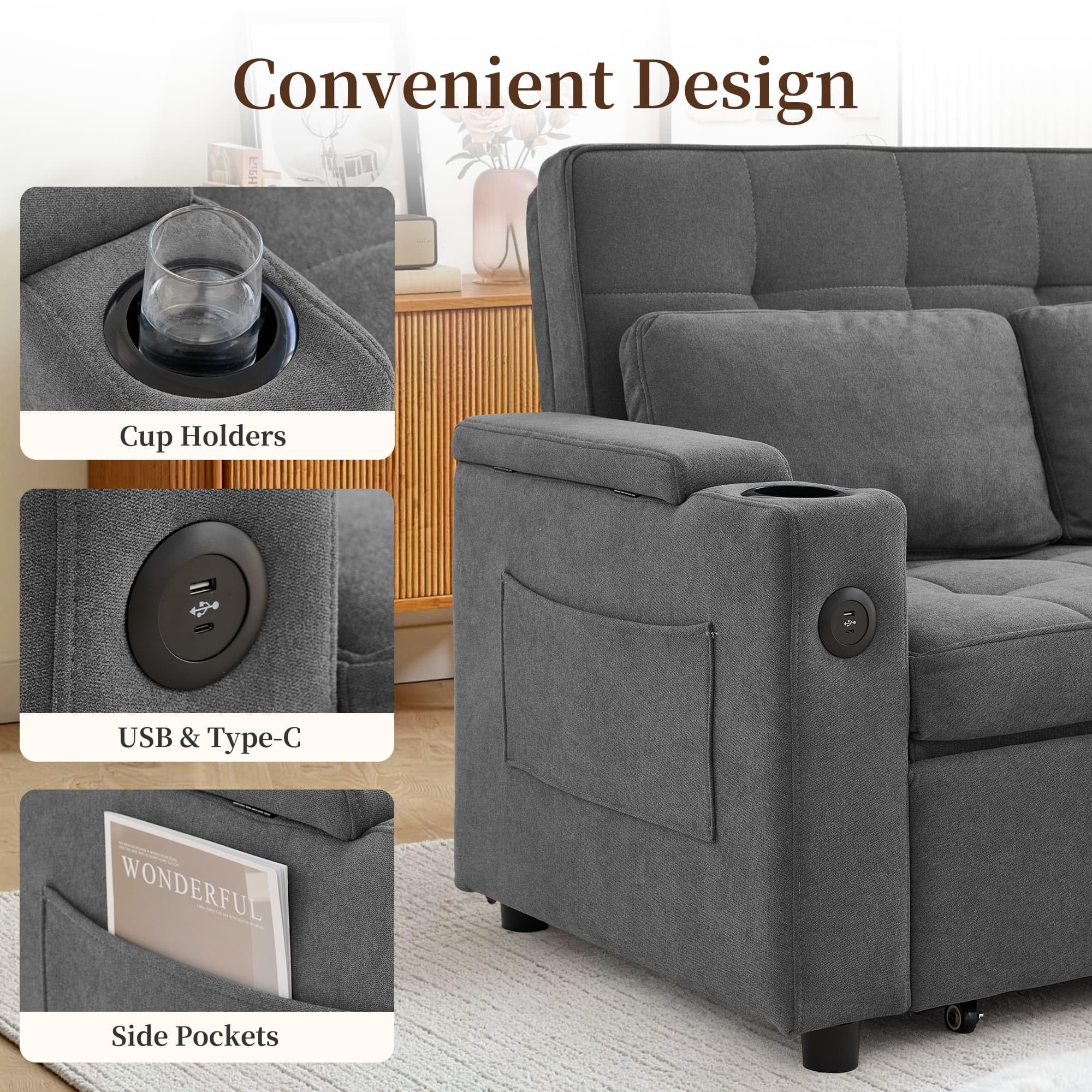 Korser 55.5'' 3-in-1 Convertible Sofa Bed, Pull Out Couch with 5-Position Adjustable Backrest, Loveseat Sleeper Sofa for Small Spaces, Sofa Couch with Cup Holders for Living Room, Office, Chenille