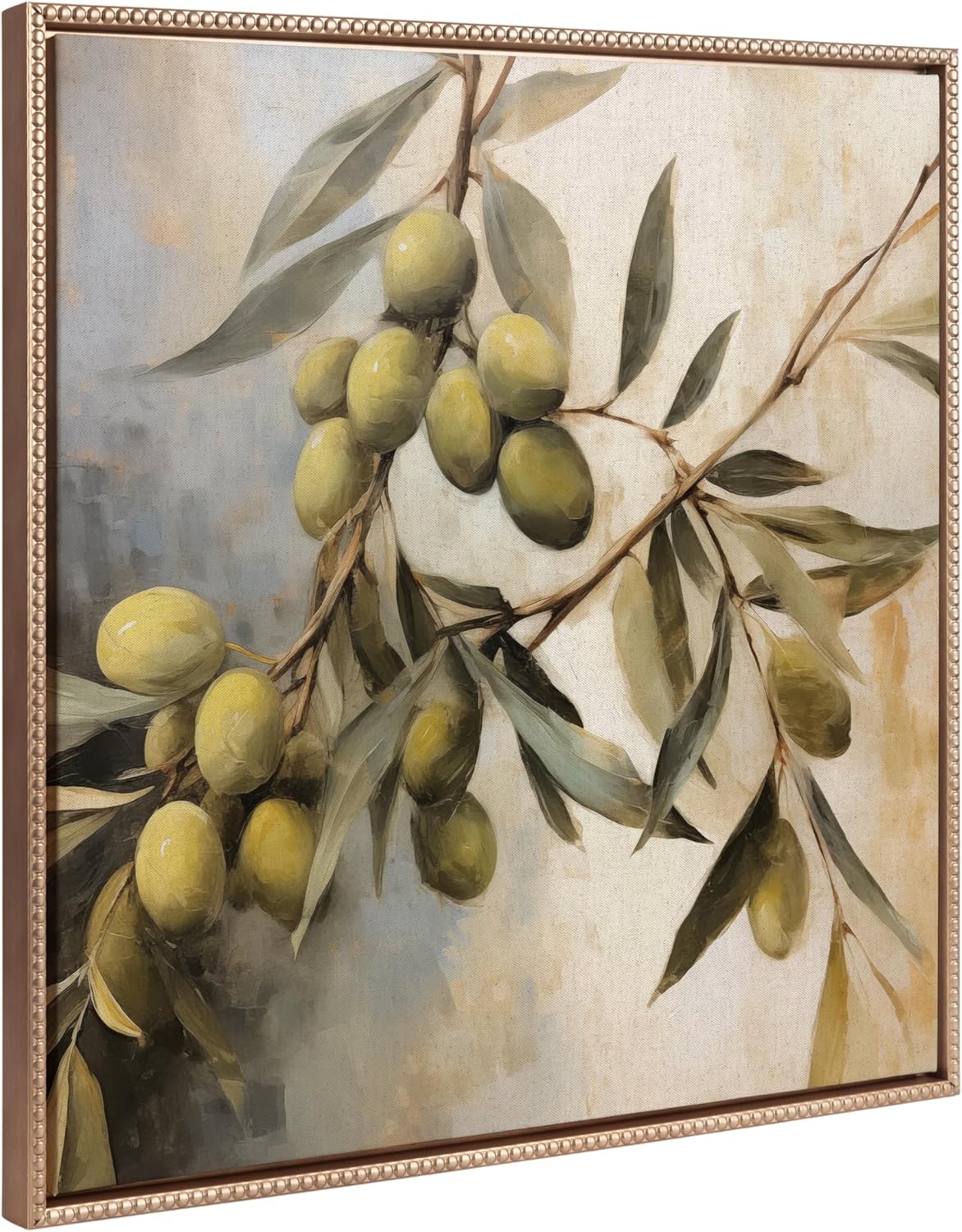 Kate and Laurel Sylvie Beaded Olive Tree Vintage Framed Canvas Wall Art by The Creative Bunch Studio; 30x30 Gold; Natural Olive Branches Art for Wall
