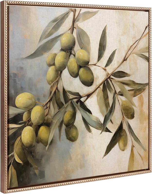 Sylvie Beaded Olive Tree Vintage Lienzo enmarcado para pared de The Creative Bunch Studio; 30x30 Oro; Arte de ramas de olivo naturales para pared