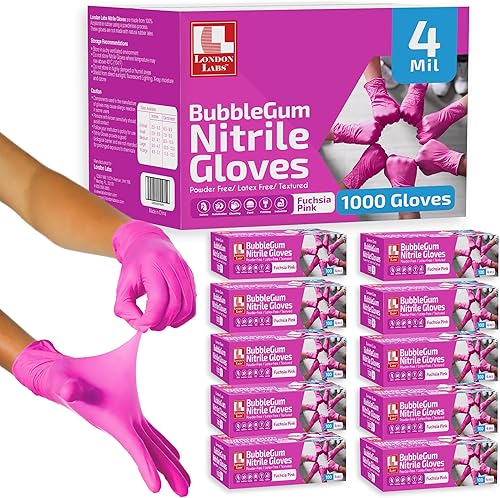 4 mil guantes de nitrilo rosa fucsia, desechables, sin látex y sin polvo, resistentes a productos químicos, guantes de goma rosa
