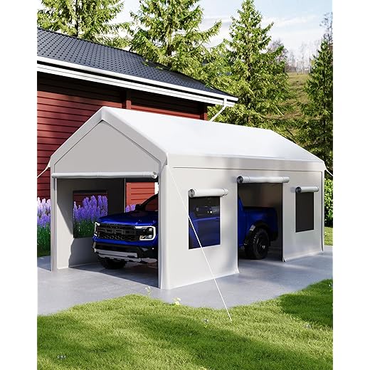 10x20 FT Heavy-Duty Carport Canopy, Outdoor Portable Garage with PE Fabric Cover, All-Weather Metal Frame Storage Shelter for Cars, Trucks, Boats, Motorcycles & Outdoor Events, White