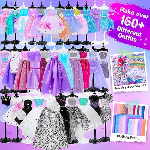 Miniatura 8 de MINIFUN Kit de diseño de moda para niñas, kit de costura con 4 maniquíes, actividades de arte y manualidades para niños, kit de fabricación de ropa