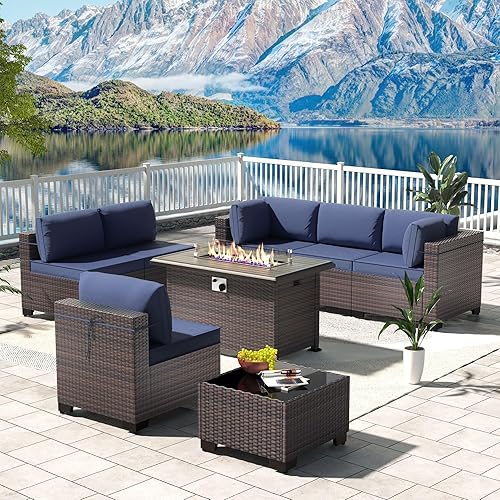 Kullavik 8 Pieces Outdoor Patio Furniture Set Sectional Rattan Sofa Brown Manual Wicker Patio Conversation Set with 43" Gas Propane Fire Pit Table,Navy Blue