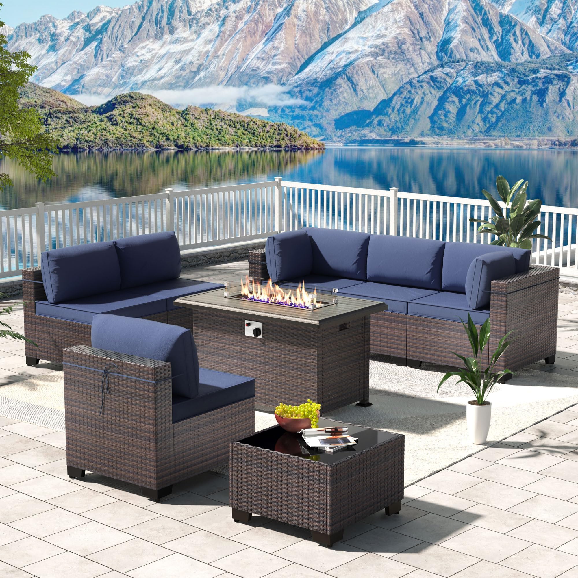 Kullavik 8 Pieces Outdoor Patio Furniture Set Sectional Rattan Sofa Brown Manual Wicker Patio Conversation Set with 43" Gas Propane Fire Pit Table,Navy Blue