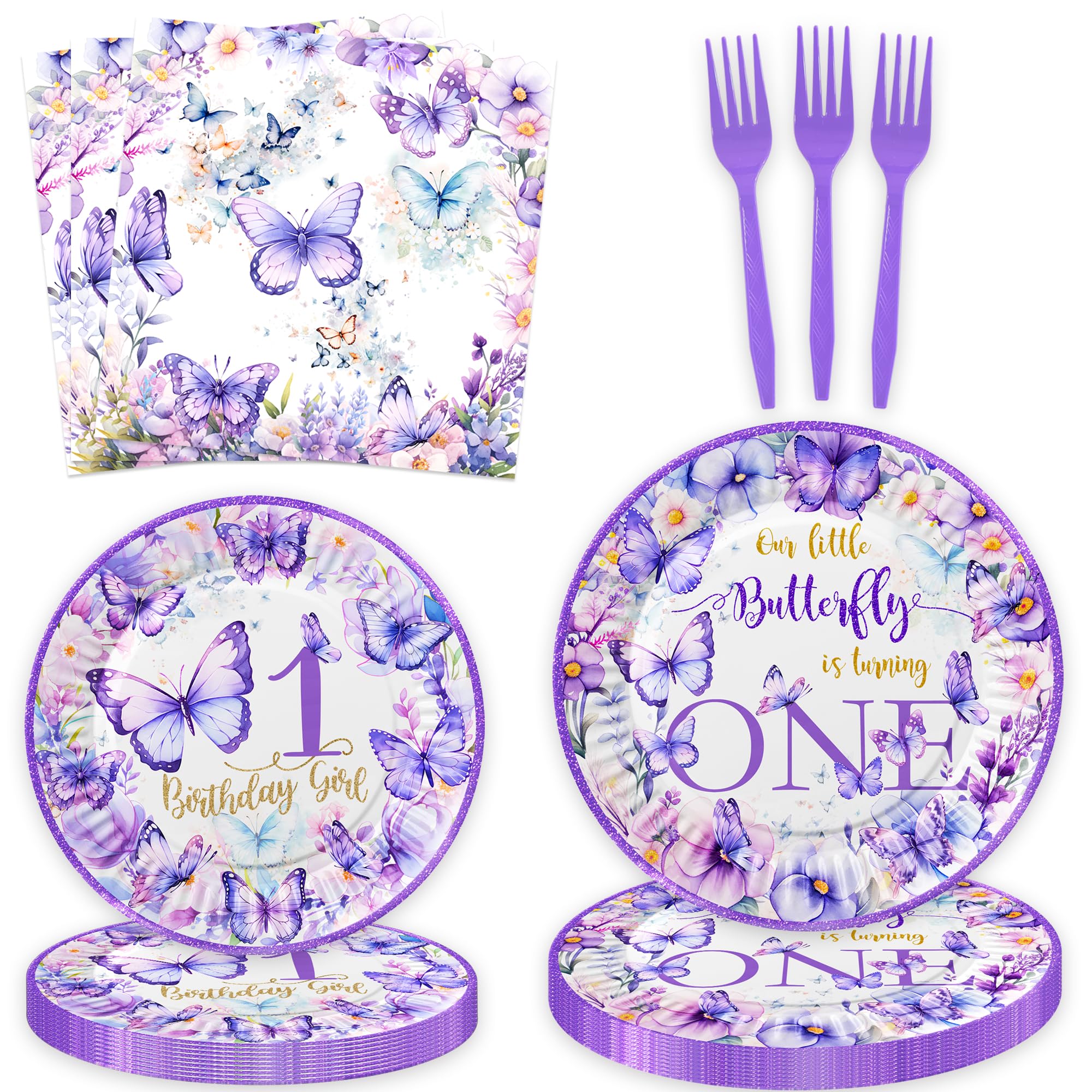 Butterfly First Birthday Decorations Girl Purple Our Little Butterfly is Turning One Paper Plates Napkins Forks Tableware for Spring Butterfly Girls
