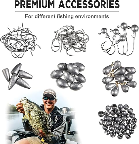 Miniatura 9 de TOPFORT Kit de accesorios de pesca de 187343 piezas, incluye ganchos de plantilla, pesas de plomada de fundición de bala, broches giratorios de