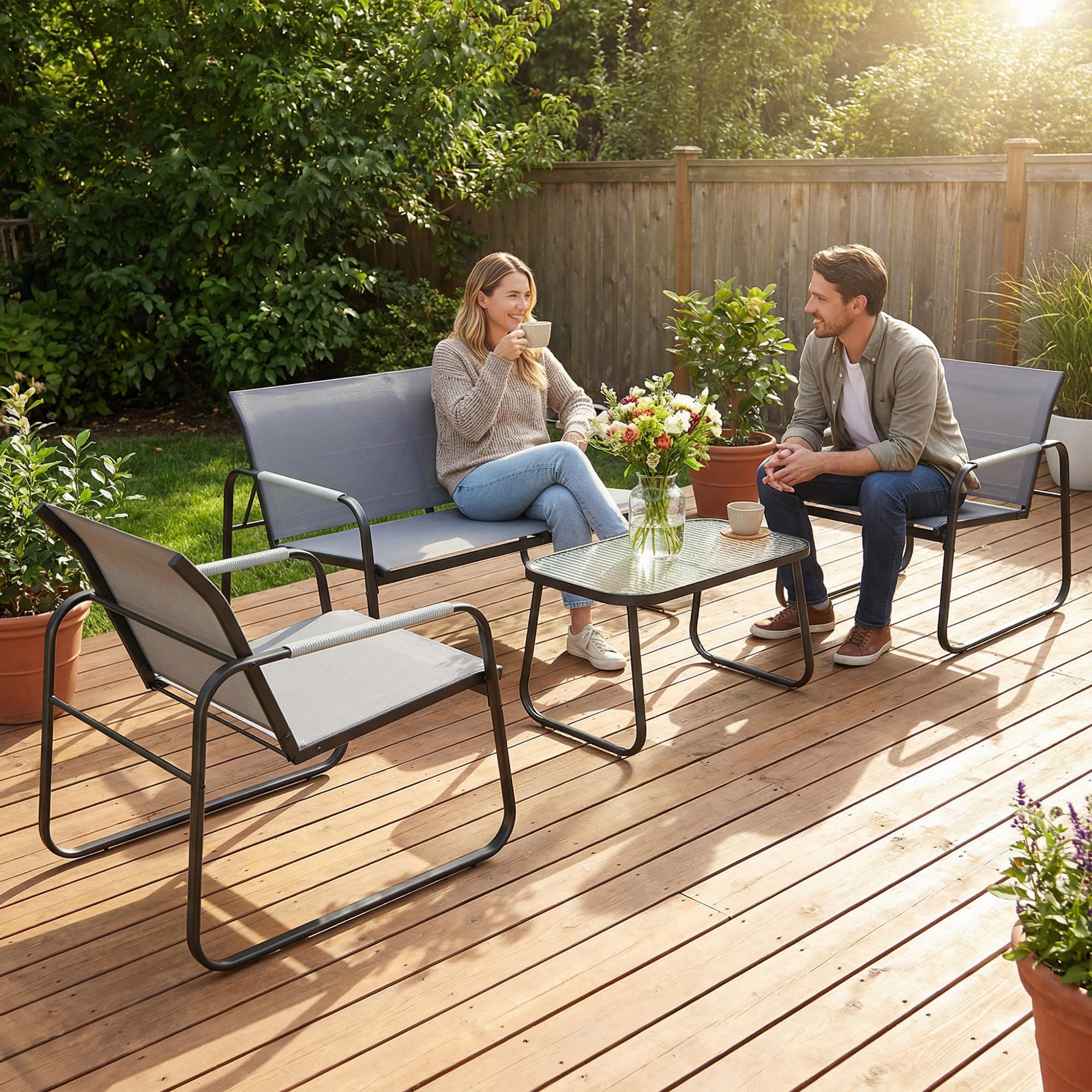 Outsunny Conjunto de Jardín Exterior de 4 Piezas, Muebles Jardín Exterior con 1 Sofá de 2 Plazas, 2 Sillones y Mesa de Vidrio Templado, Estructura de Acero y Textilene Transpirable, Gris