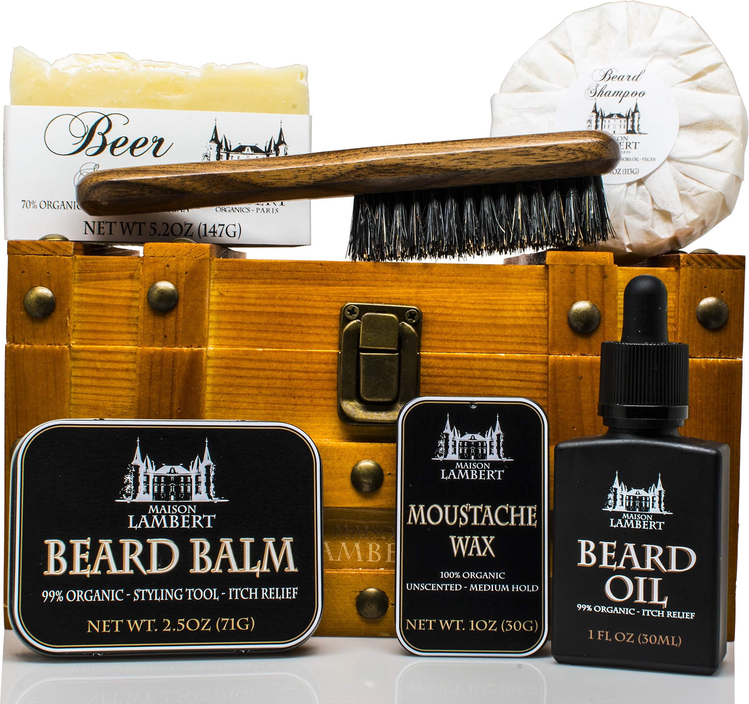 Beard Care Kit with Organic Beard Balm, Oil, Shampoo, Wax, Brush & Soap, 7 fl oz