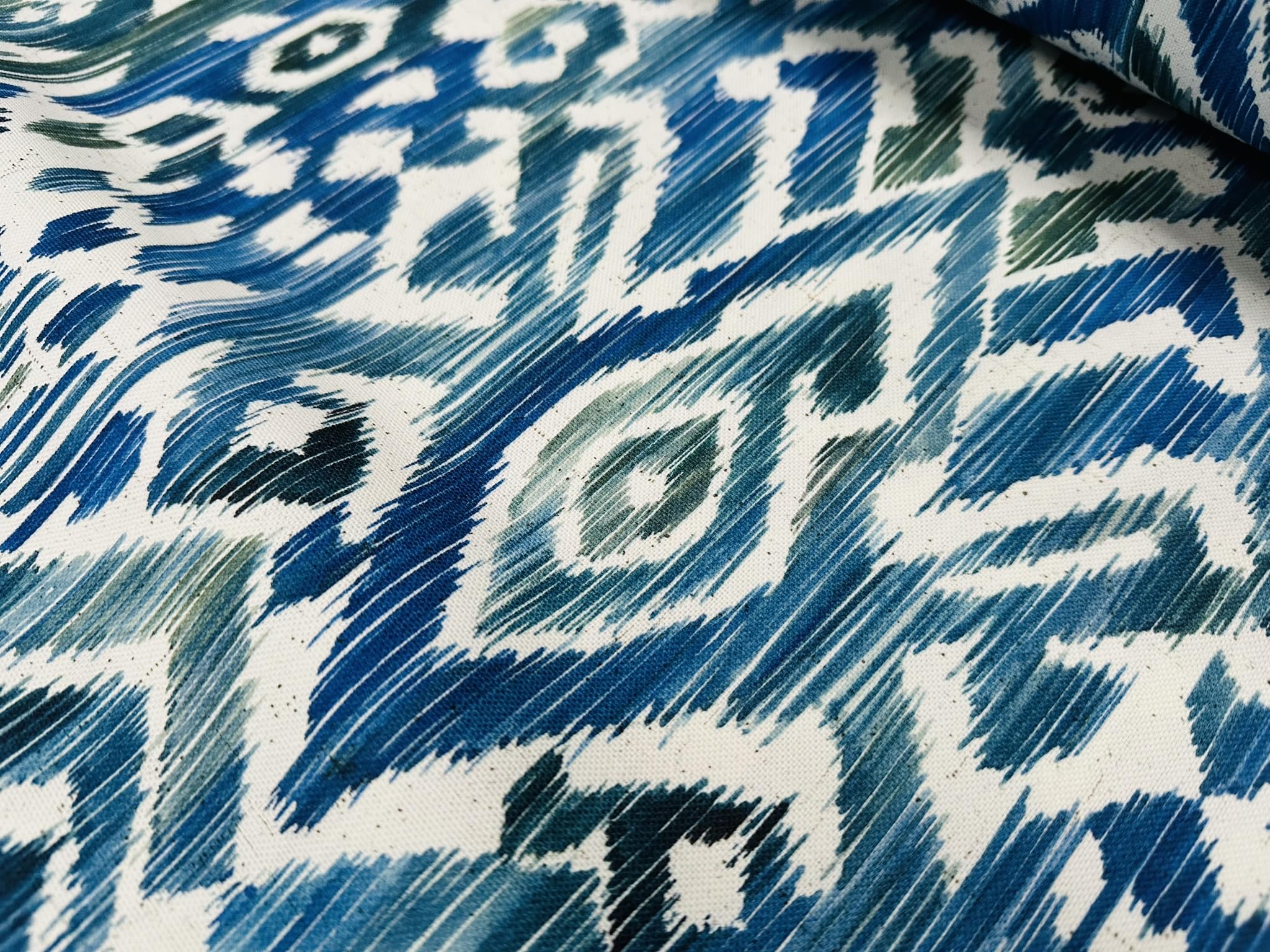 Niebieski i zielony Ikat kwiatowy wachlarz adamaszek kwiat tkanina geometryczny paisley materiał bawełniany zasłony poduszki tapicerka wystrój domu - 280 cm bardzo szeroki - sprzedawany na metry