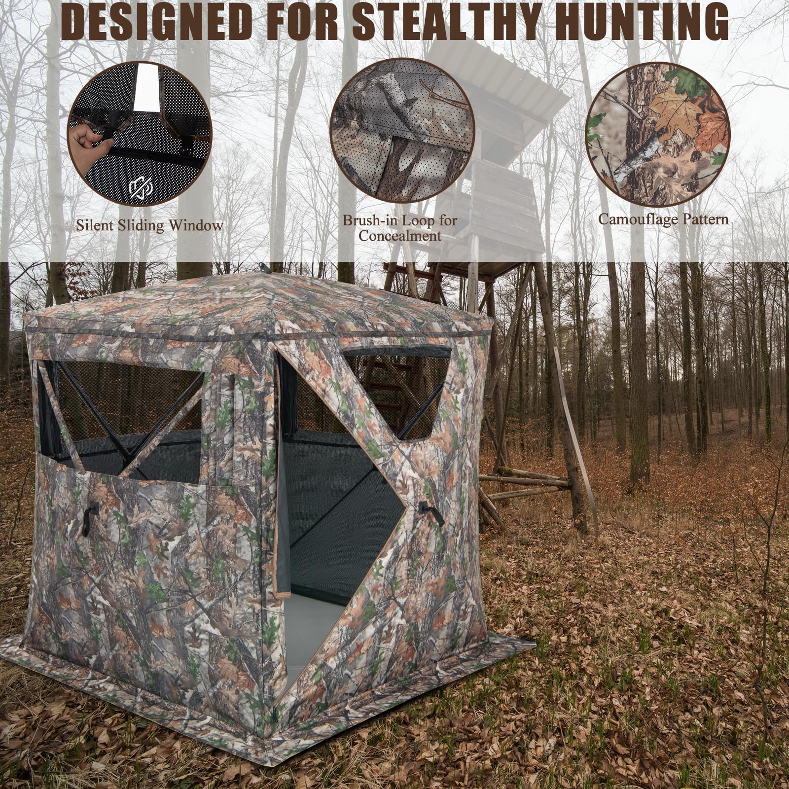 KOMFOTTEU Estor de Caza para 2-3 Personas, Persiana Con Ventanas, Tienda de Tierra Plegable Con Bolsa de Transporte, para Ciervos y Pavos, Camuflaje