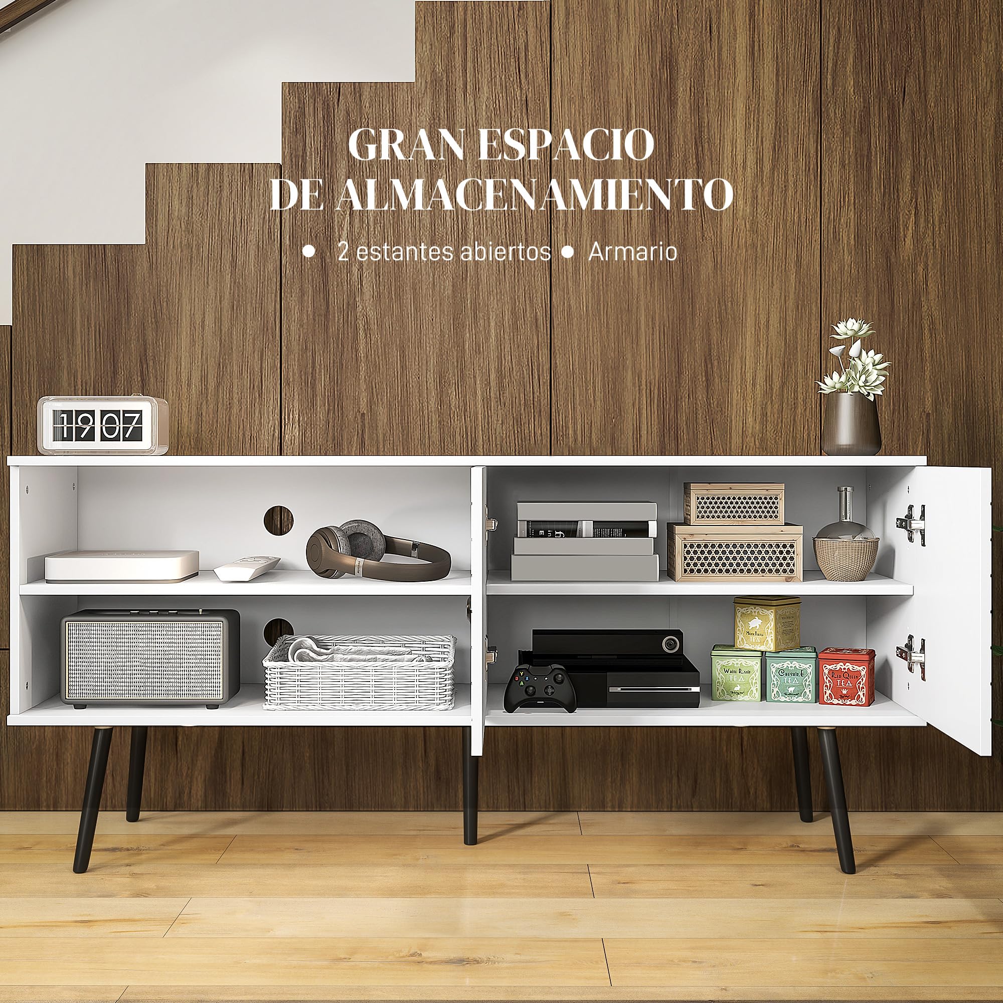 HOMCOM Mueble de TV para Televisores de 65 Pulgadas 145x38x65 cm Blanco | para Salón, Mesa para Televisores, Mueble para TV Moderno, 2 Estantes Abiertos, 1 Estante Ajustable, 55 Pulgadas