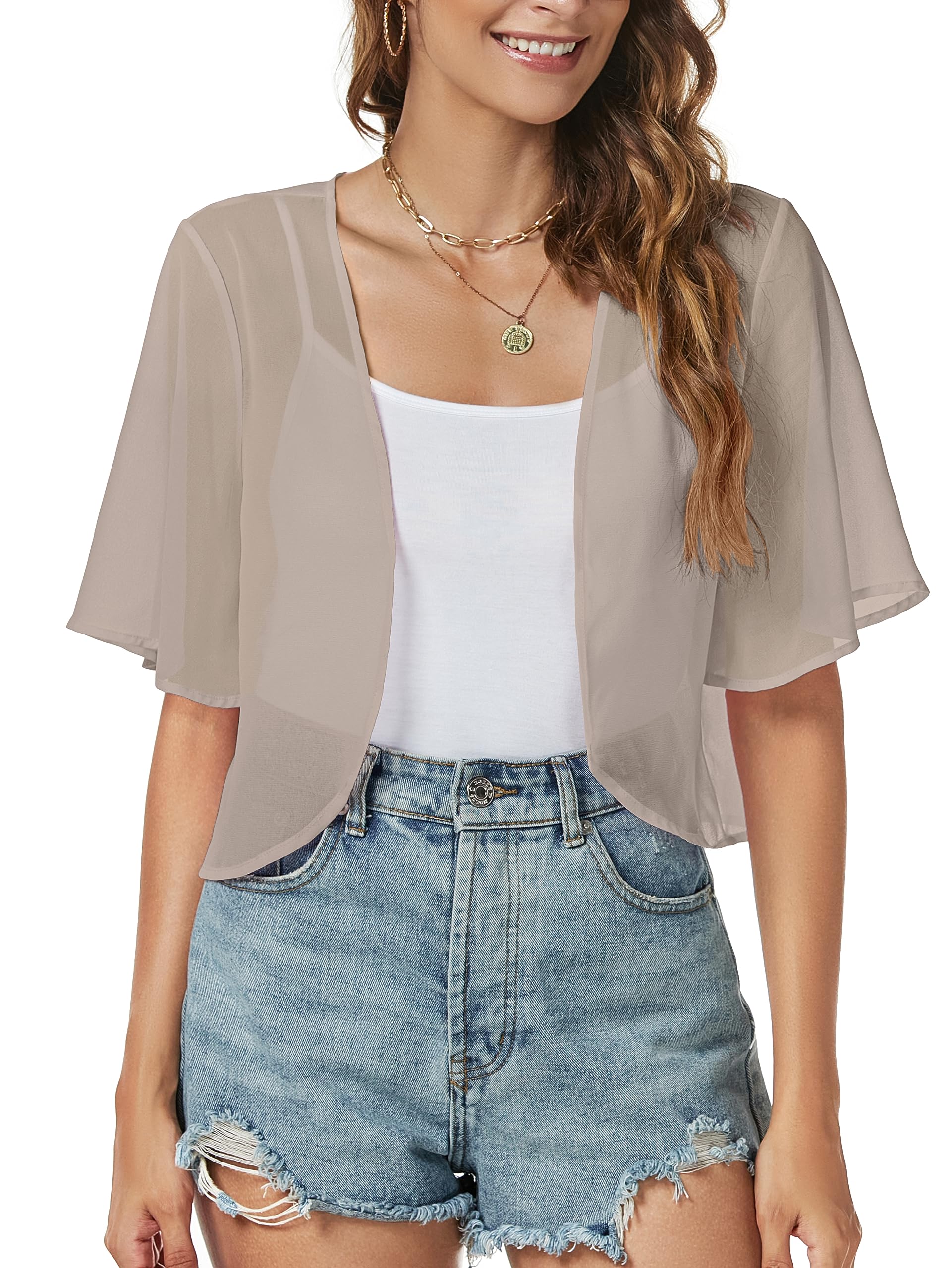 Women Shrug Chiffon Cardigan Open Front Short Sleeve Sheer Bolero for Dress | Lightweight Cropped,Loose Fit,Mesh Cover Up,Shawl Evening Dresses,Summer Outfits