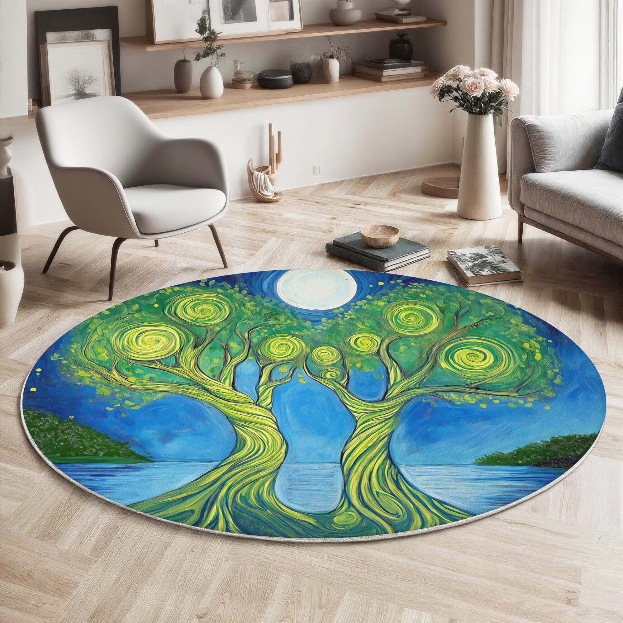 Tapis Ronds Vert Arbre De Lune Tourbillonnant 120Cm Rugs Lavable Antidérapant À Poils Courts Doux Plantes De Jardin pour Chambres Cuisine Balcon Terrasse Ntérieur Salles À Manger