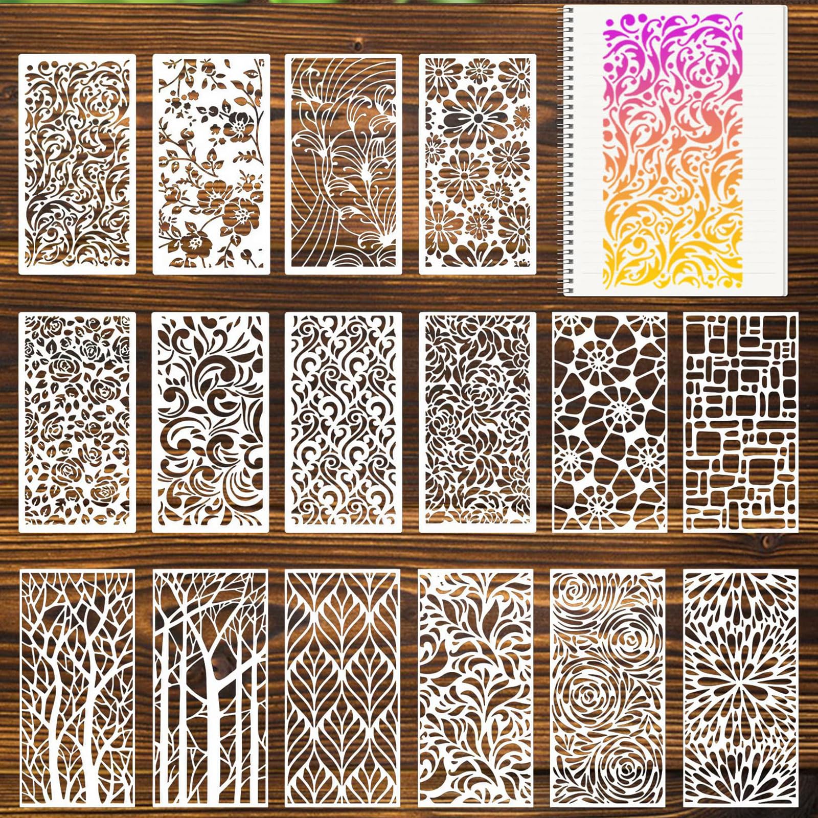 16Pcs Stencils for Crafts Reusable Stencils for Painting Texture Template for Art Stencil for Painting Wood Grains Flower Templates for Canvas Scrapbooking Journaling DIY (Forest Textures)