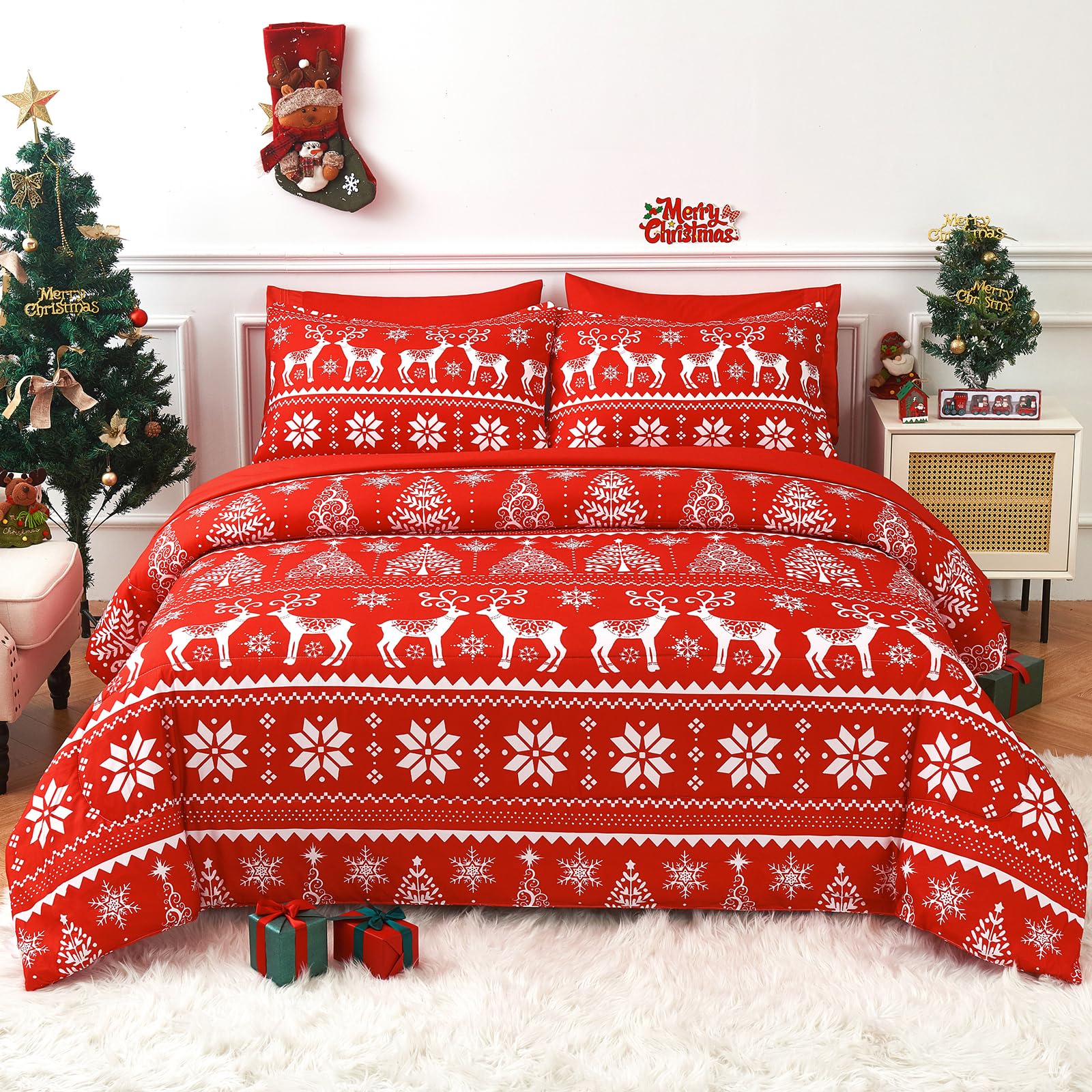 YIYEA King Size Comforter Set - Christmas Comforter - 7 Pieces Bed in a Bag - Christmas Bedding Sets with Comforter, Flat Sheet, Fitted Sheet, 2 Embroidered Pillowcases & 2 Printed Pillowcases