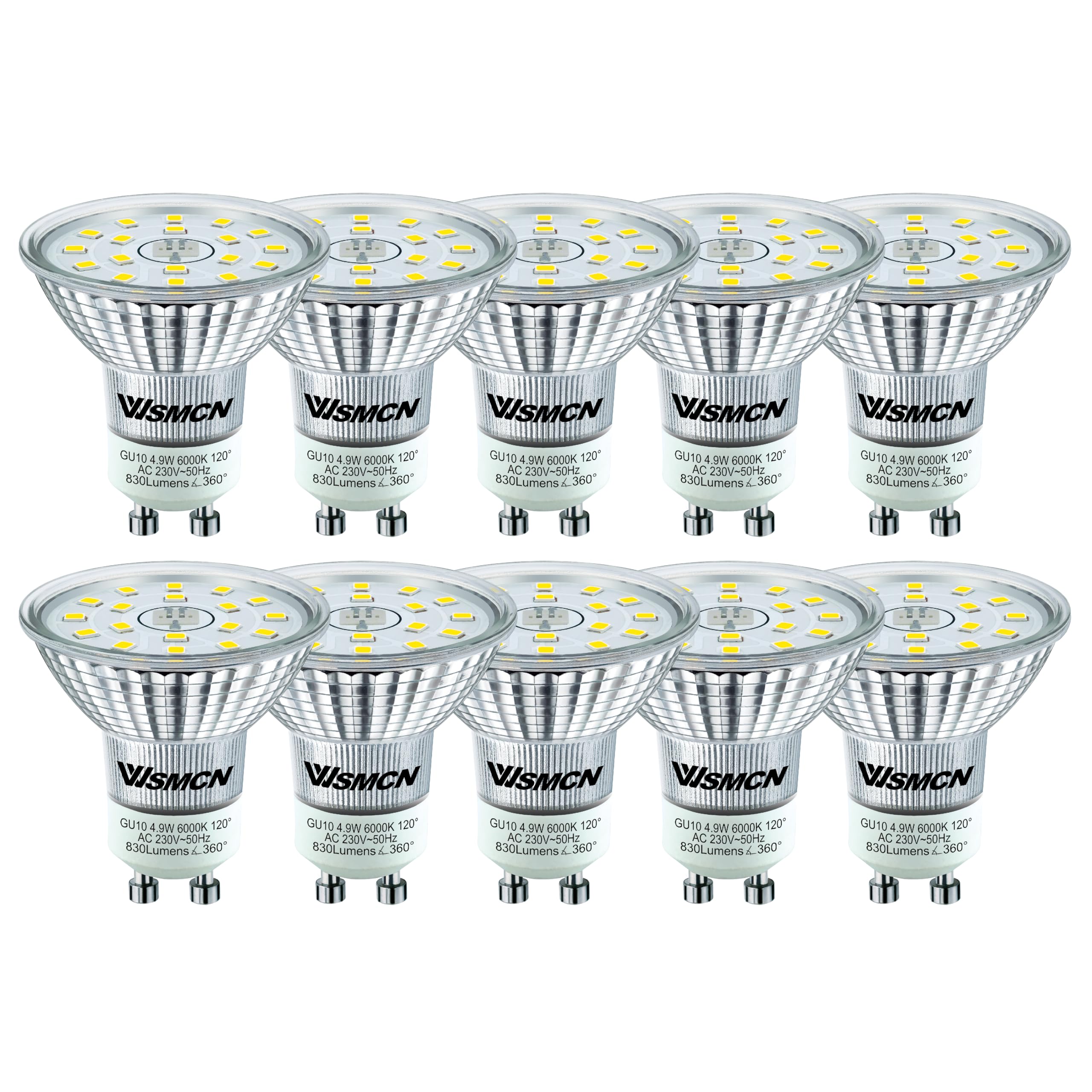 WSMCN GU10 LED Cool White Energy Class C Bulb, 4.9W Replaces 100W Halogen Bulb, Reflector Bulb 830 Lumens 6000K, AC 230V Flicker-Free Spotlight, 120° Beam Angle, Non-Dimmable, Pack of 10