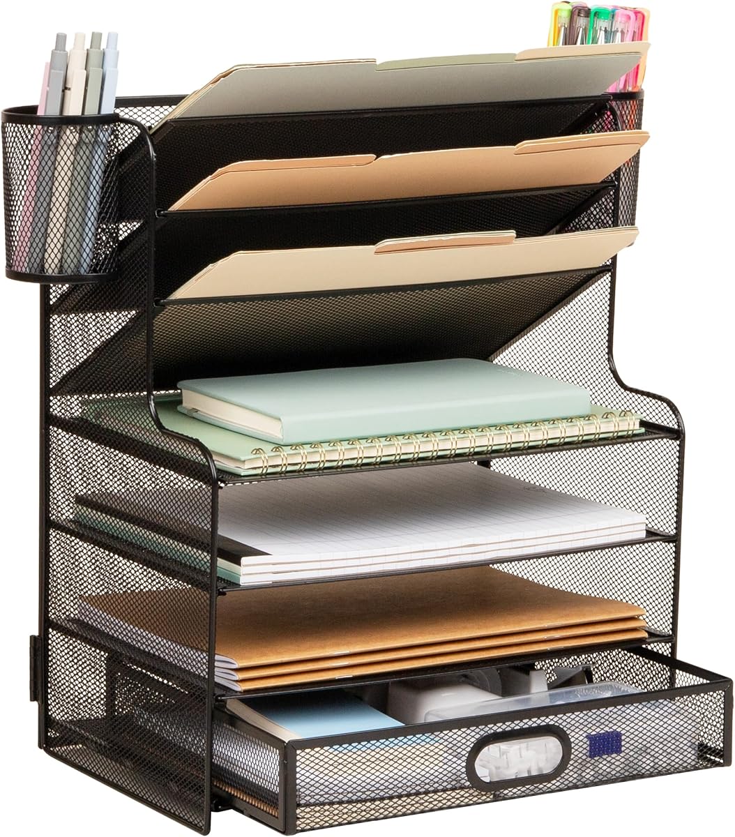 Mind Reader Organizador de escritorio de malla, 6 compartimentos, 1 cajón, 2 portalápices, organizador de escritorio de oficina, malla metálica, negro