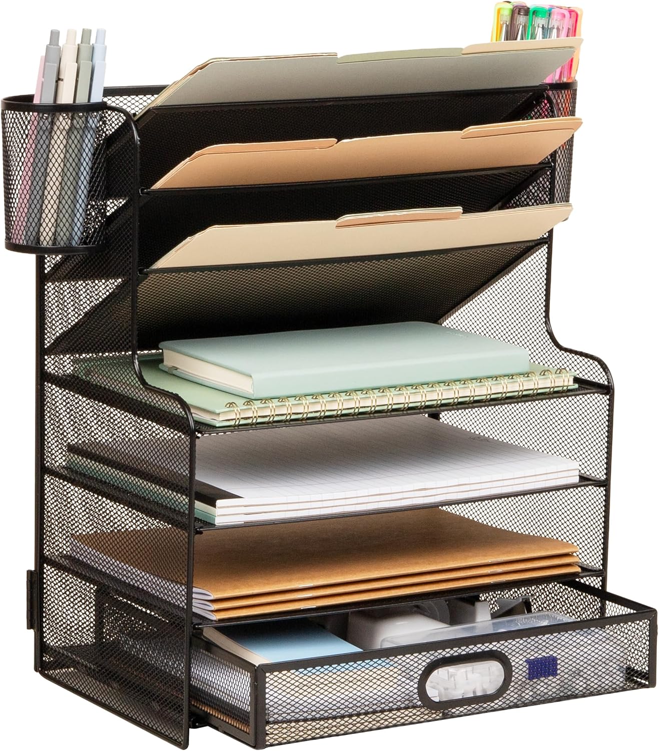 Mind Reader Mesh Desk Organizer, 6 Compartments, 1 Drawer, 2 Pen Cups, Office Desktop Organizer, Metal Mesh, Black