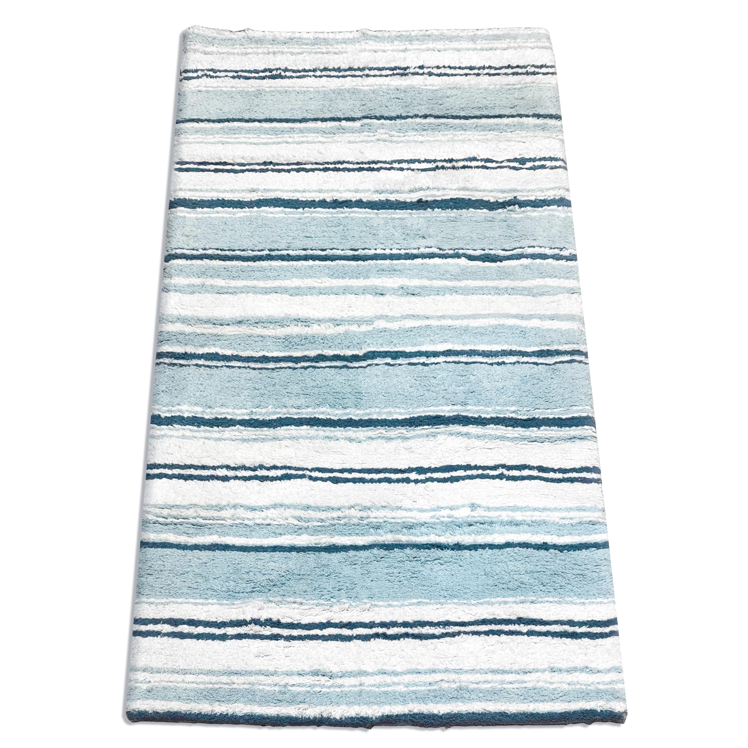 Chardin home Maui Bath Rug Runner with Skid Resistant Latex Spray Underneath. White-Blue, 24" W x 60'' L