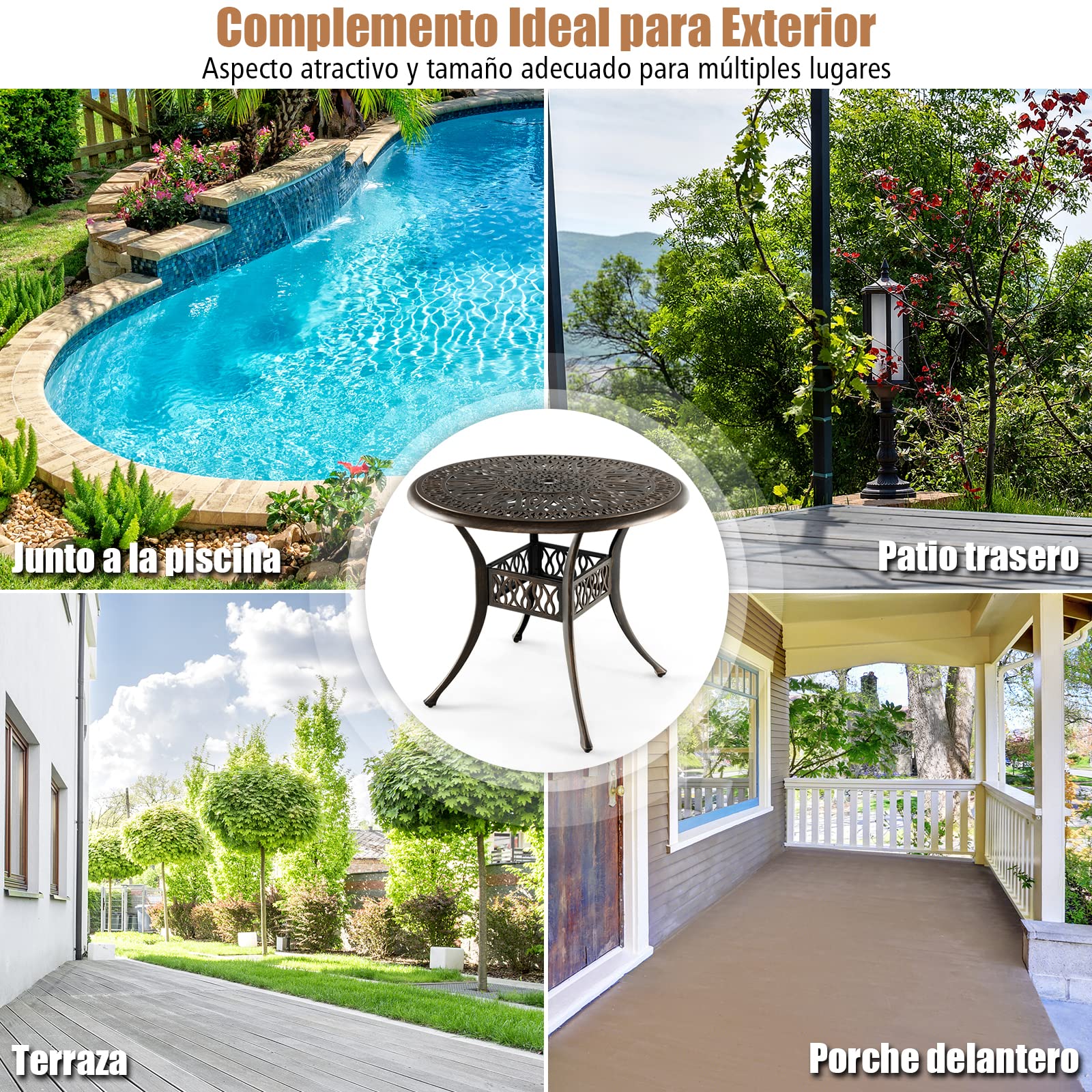 COSTWAY Mesa Jardin Exterior 90x74 cm, Agujero de Sombrillas, Mesa Redonda Terraza, Aluminio Fundido, Balcon Jardin Terraza Exterior, Carga 91kg, Negro y Bronce (Redonda)