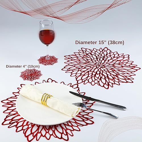 Miniatura 3 de 18 pares de manteles individuales y posavasos rojos, 36 piezas de vinilo prensado metálico brillante, manteles de mesa de comedor de hojas redondas