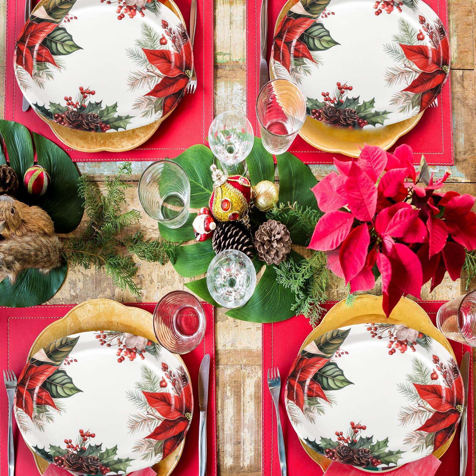Juego de vajilla ovalada de Pascua de Navidad para 25 invitados, platos y servilletas desechables de papel floral rojo de Navidad, 50 piezas