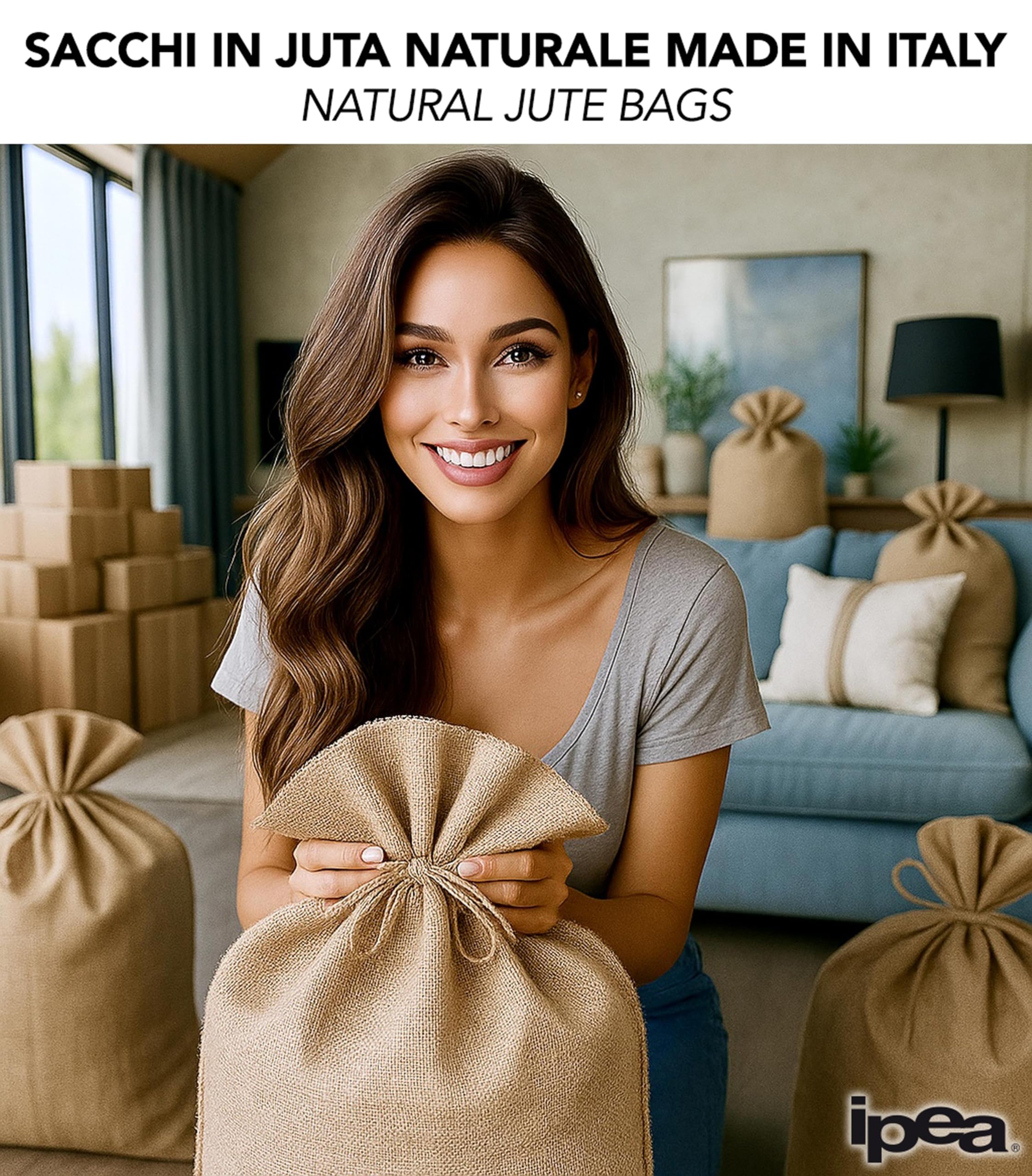 IPEA Sacchi in Juta di Grandi Dimensioni – 80 x 50 cm – Made in Italy – 5 unità – Sacco in Iuta Tessuto Naturale per Fai da Te, Arredamento, Giardinaggio, Contenitore di Oggetti - Sacco Regalo Natale