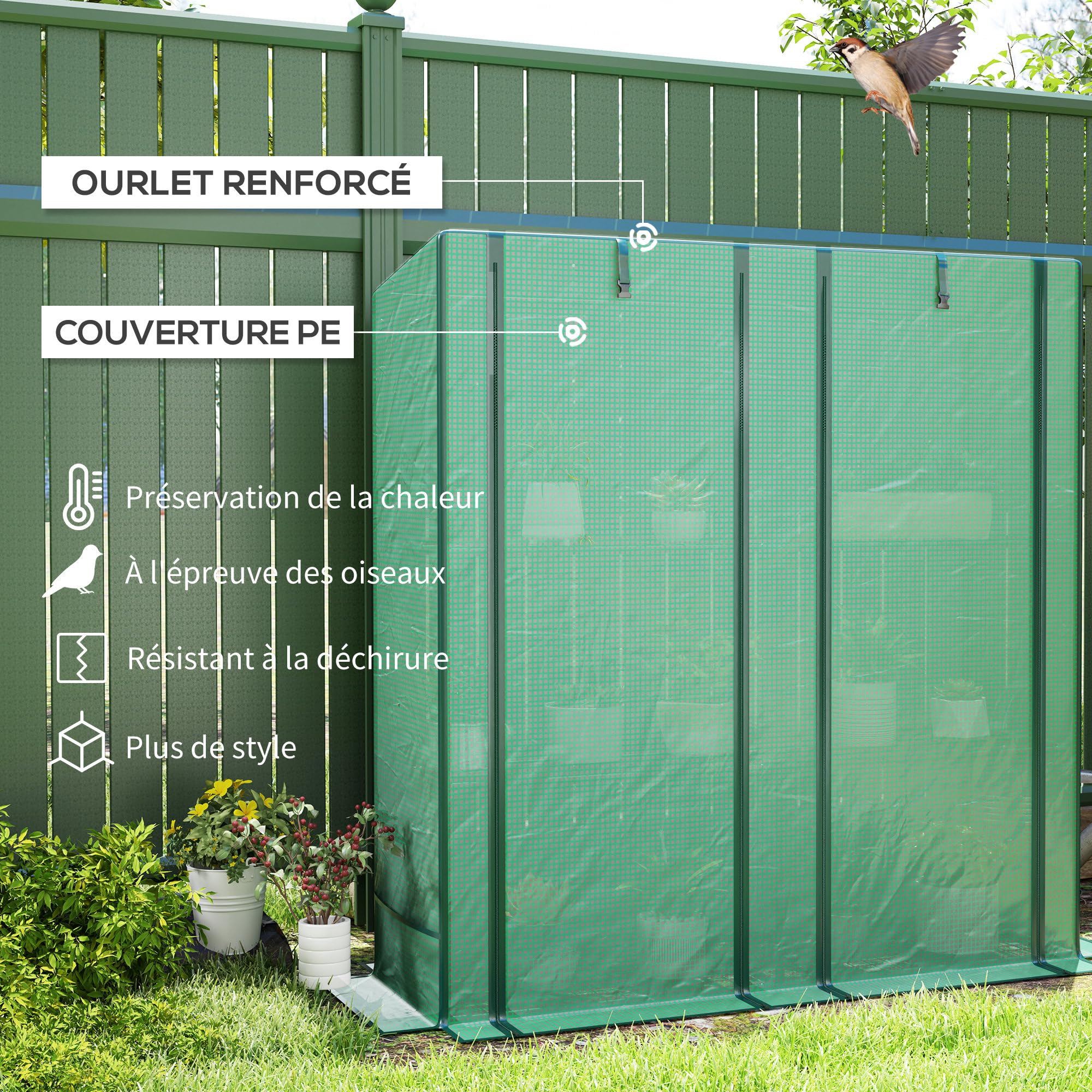 Outsunny Serre de Jardin PE avec Étagères 3 Niveaux 144 x 48 x 152 cm Vert | Serre de Balcon, Bâche Renforcée 140 g/m², Châssis en Acier, 2 Portes Zippées Enroulables, pour Légumes Plantes Fleurs
