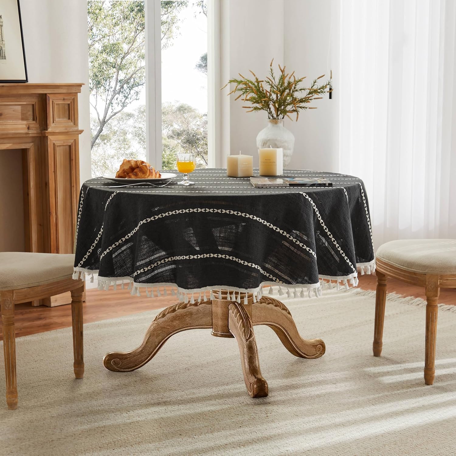 ZeeMart Hemstitched Embroidery Striped Boho Tablecloth 60 Inch Round Black, Heavy Weight Farmhouse Burlap Linen Black Tablecloth, Wrinkle Resistant Washable Table Cloth for Round Table