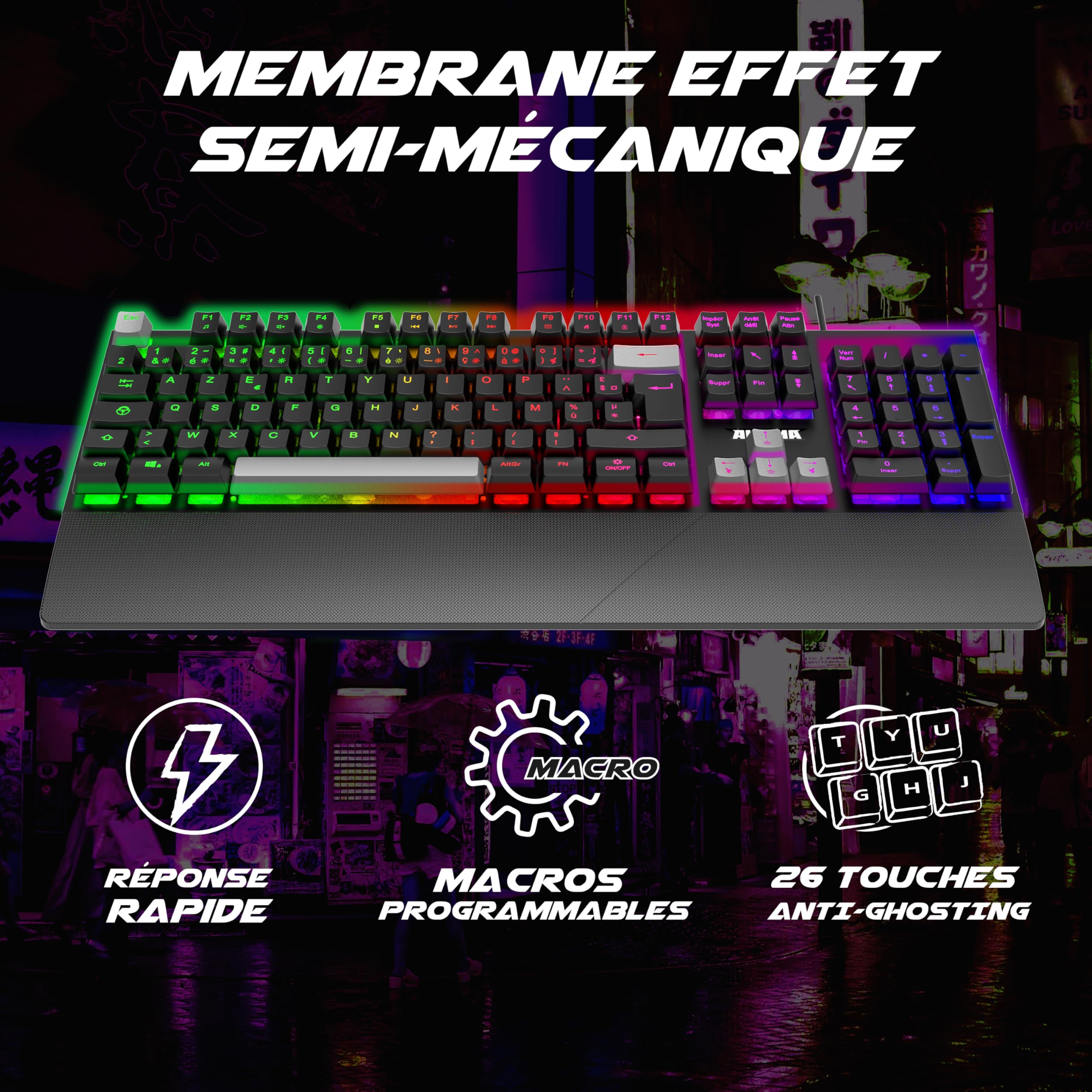 AKUMA Klawiatura gamingowa SHENEN K02 Membrana RETROECLAIRE z programowalną podstawką na nadgarstek RGB