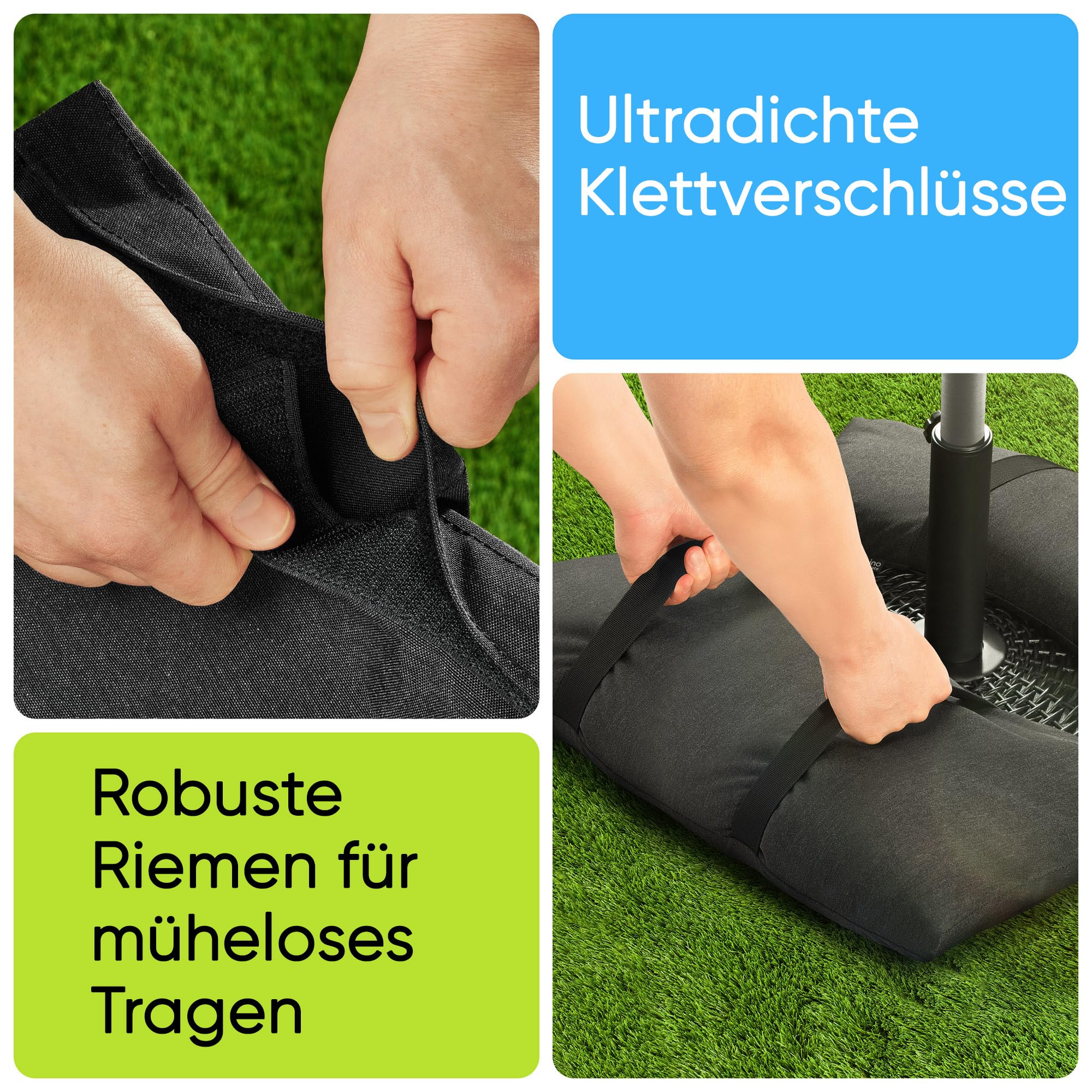 BaseMate Füllbare Sandsäcke für Sonnenschirmständer, 2 befüllbare Sandsäcke je 22 kg, Gebogene Sandsäcke für Outdoor-Schirmständer