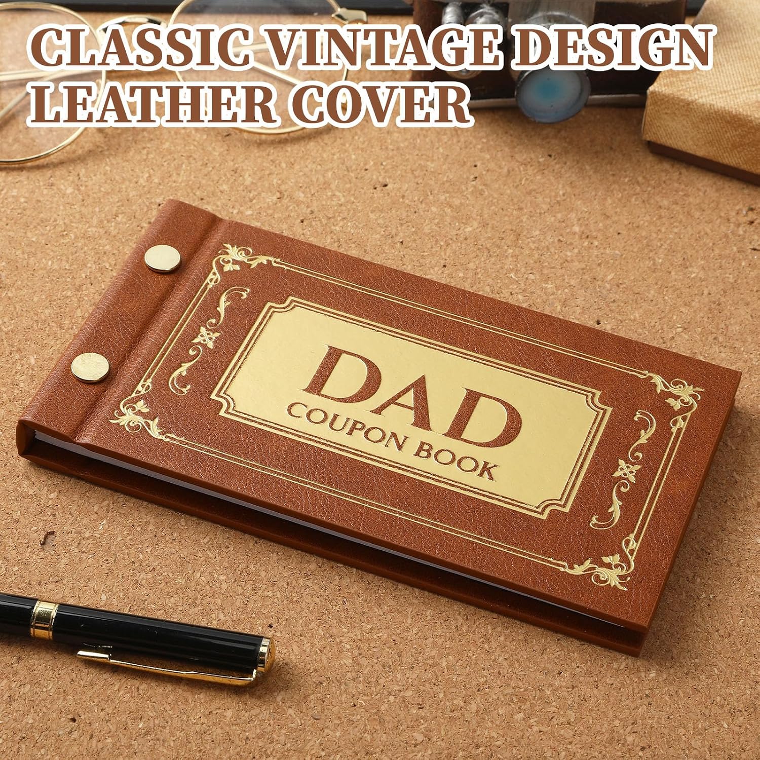 JULEASEL Retro Leather Coupon Book for Dad, 30 Blank Gold Foil Coupons image 2