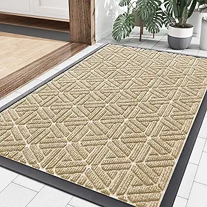 Smiry Front Door Mat Outside Entrance, Heavy Duty Natural Rubber Doormat, Trap Dirt and Moisture Easy Clean Low Profile Patio Porch Welcome Floor Mats for Entry, 36x24 Inch, Beige