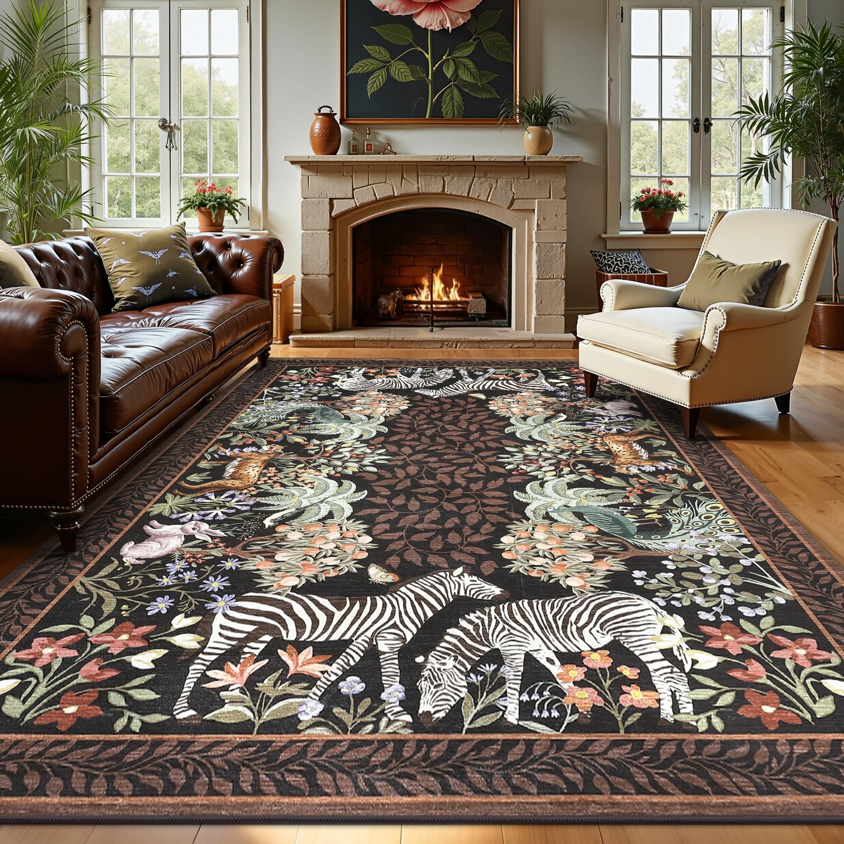 GarveeHome Zebra Brown Washable Rugs 9x12 for Living Room Vintage Jungle Woodland Forest Safari Animal Print Rug Low Pile Botanical Kids Rugs for