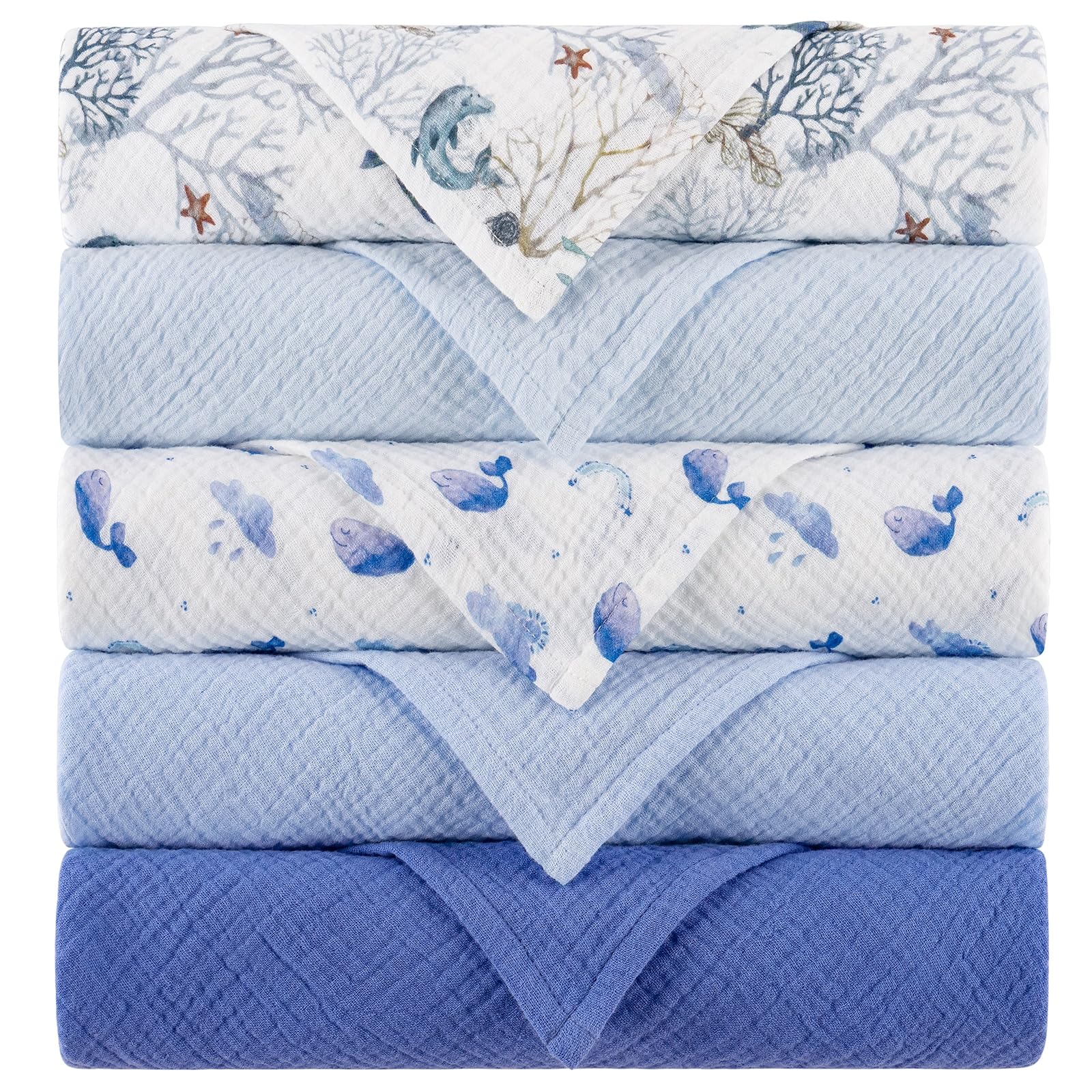 Yukkidds Men's Blue Sky Muslin Cloths For Baby Large 60X60cm Burp Cloths For Newborn 100% Cotton Soft & Breathable Muslin Squares Baby Essentials For Boys Girls 5 Pack