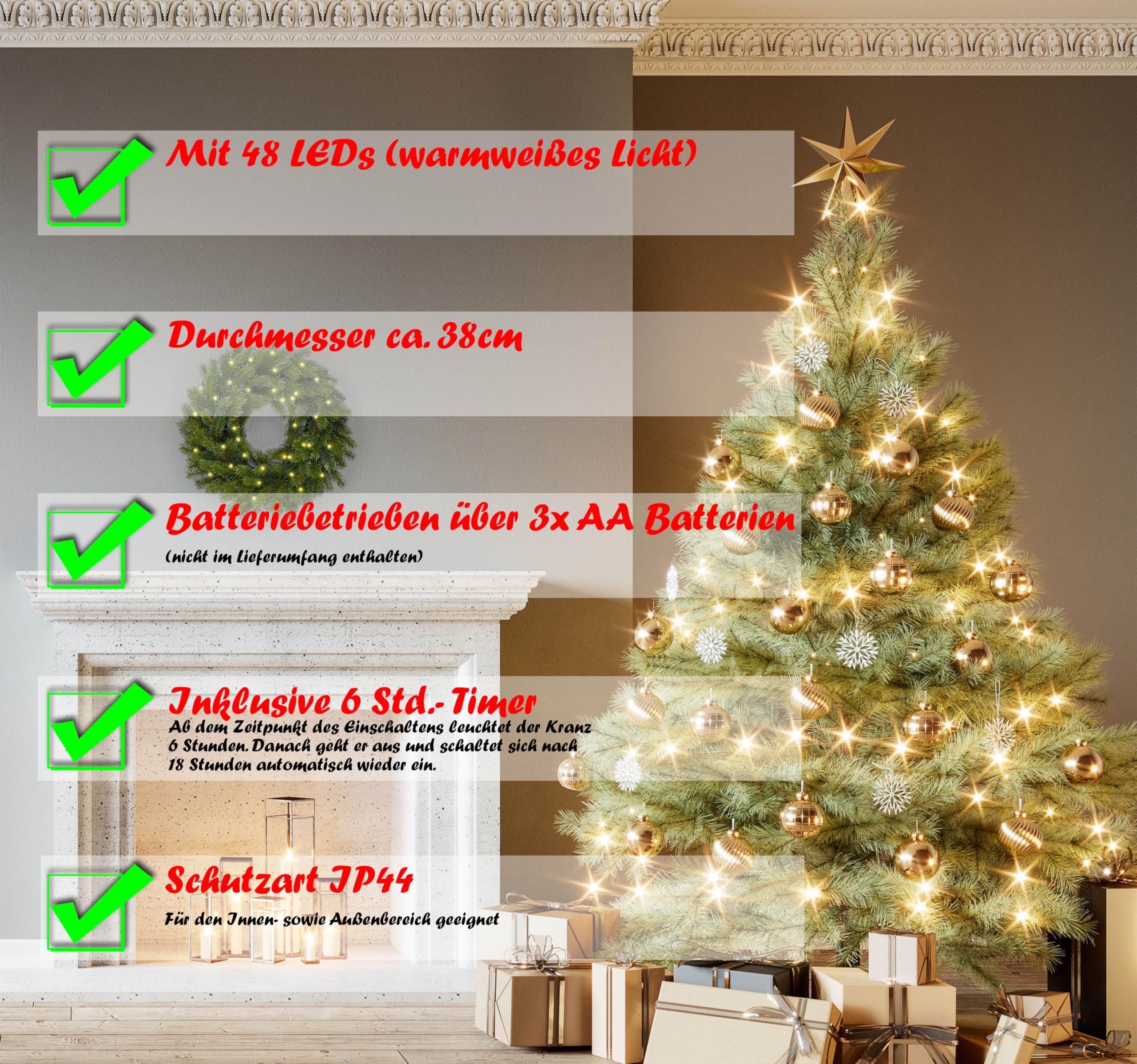 Türkranz mit Beleuchtung Ø40cm-49 LEDs-Klassischer Beleuchtet-Adventskranz, Künstlicher Weihnachtskranz, Hängekranz, Weihnachten für Innen und Außen-Batteriebetrieben, Grün
