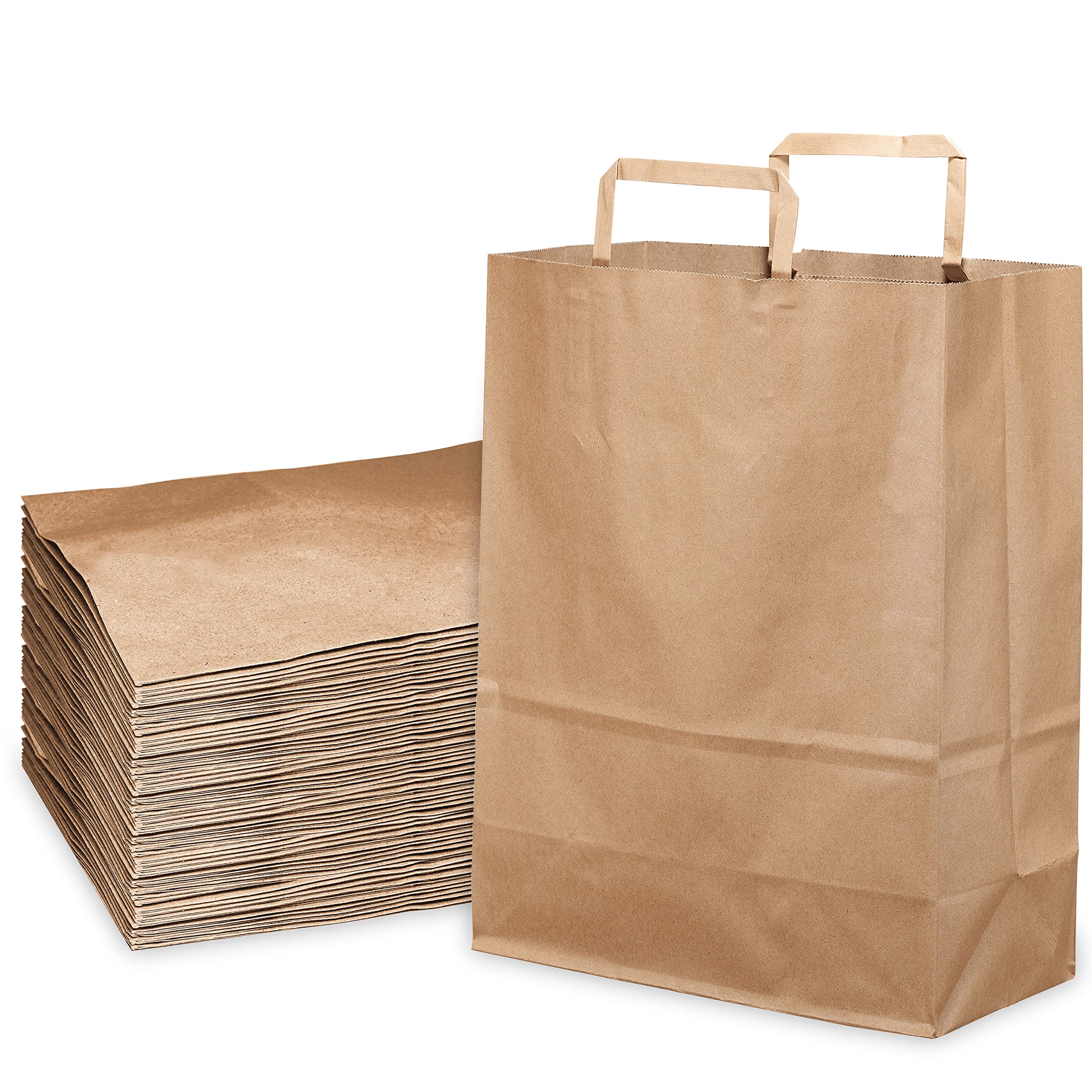 Large Kraft Paper Gift Bags with Paper Handles 13x7x17 inches - Brown Shopping Bags, Retail, Tote, Reusable, Party, Grocery Bags, Take Out, Delivery, Eco Friendly, Recyclable, Multiple Uses, Bulk (100)