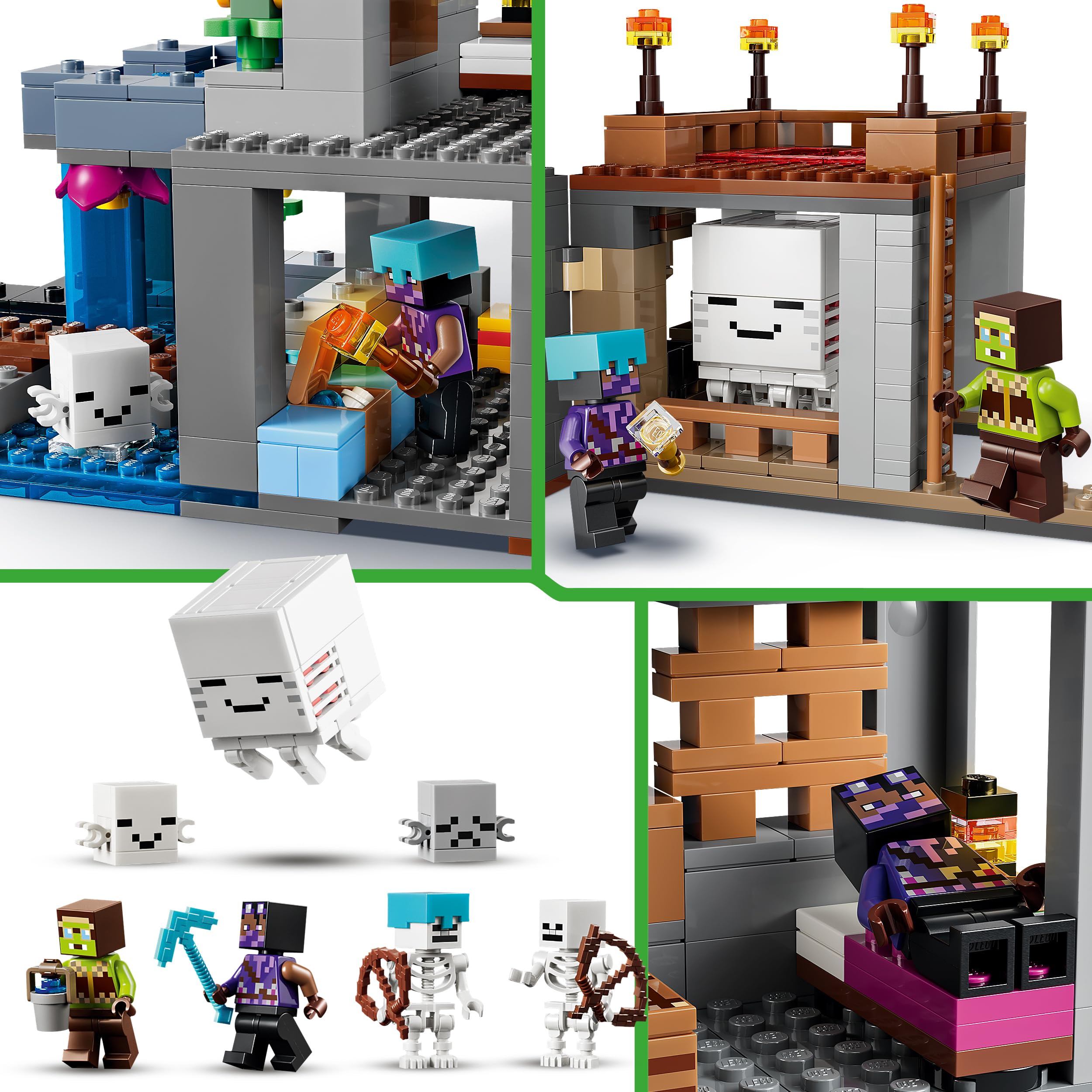 LEGO Minecraft Stazione di Ghast Giocattolo - 8 Personaggi Inclusi 2 Scheletri e 4 Ghast con Accessori - Decorazione Cameretta - Regalo per Gamer, Bambini e Bambine da 9 Anni in su - 21597