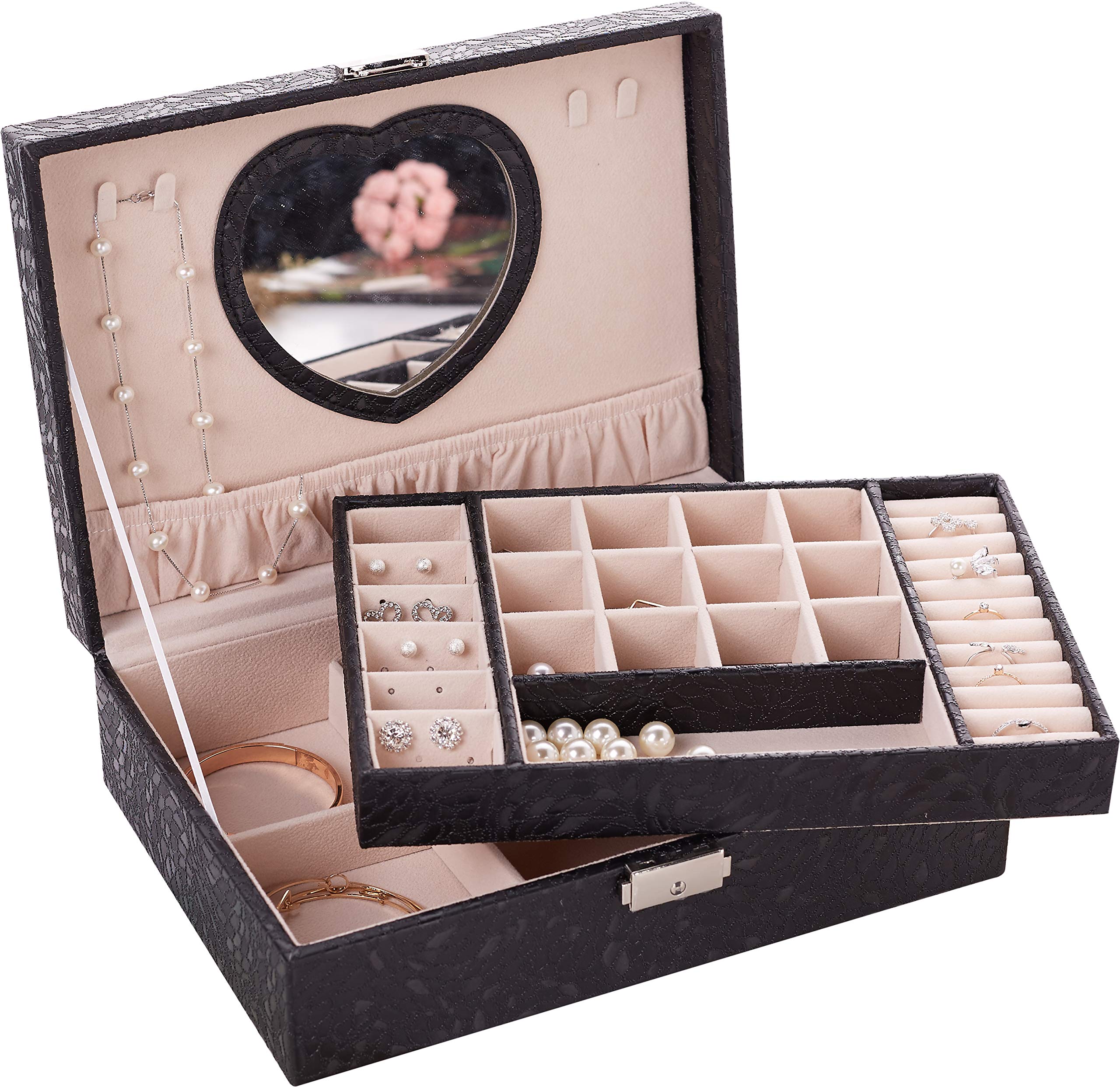 Black Color Large Jewelry Organizer Box 2 Layer Big Jewelry Storage Display Case Box with Lock and Key with Beautiful Heart Shaped Mirror Premium PU Leather Exterior and Soft Touch Velvet Interi